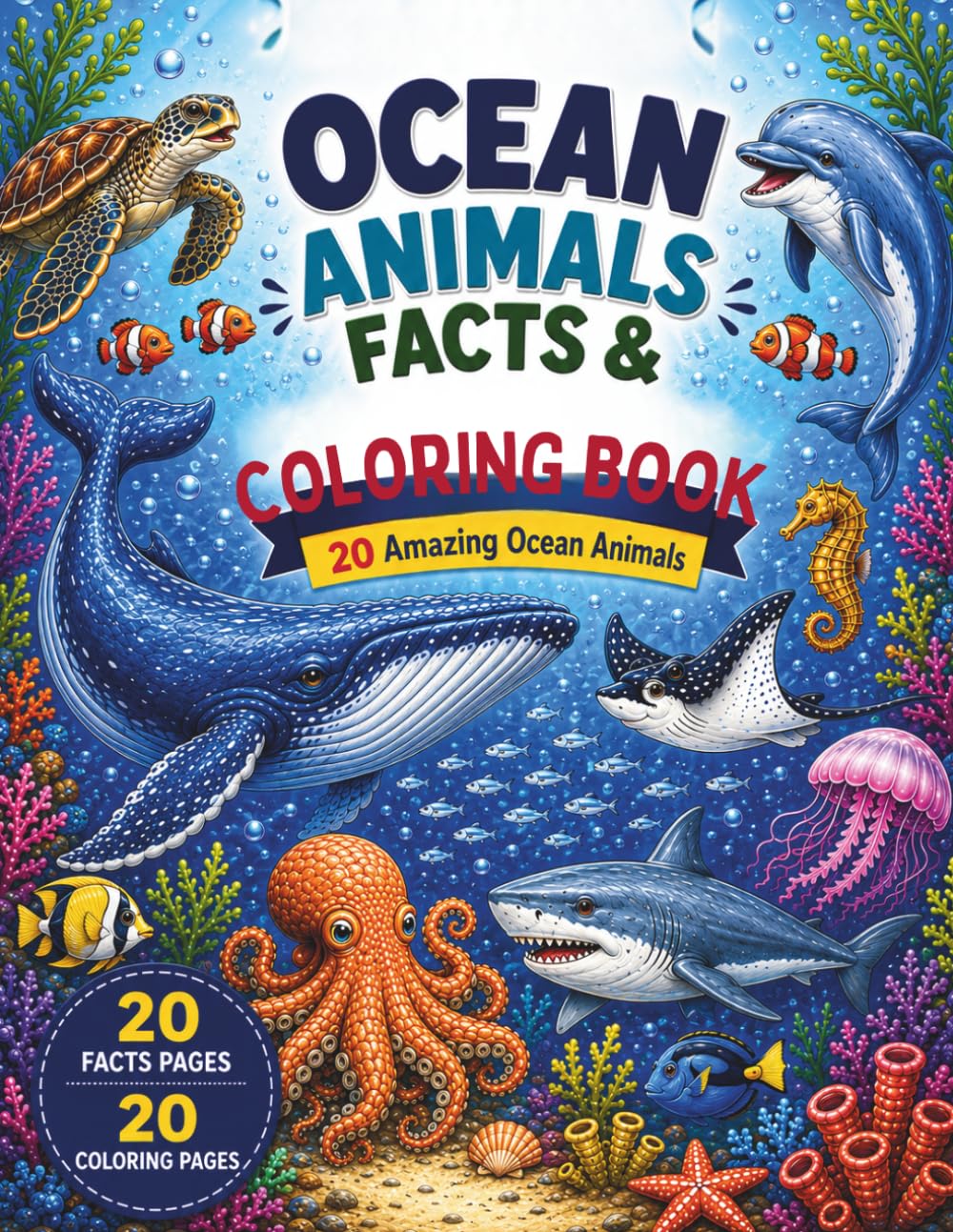 Ocean Animals Facts & Coloring Book: Discover, Learn & Color 20 Amazing Sea Creatures with Fun Facts and Detailed Coloring Pages for Kids Ages 6–10