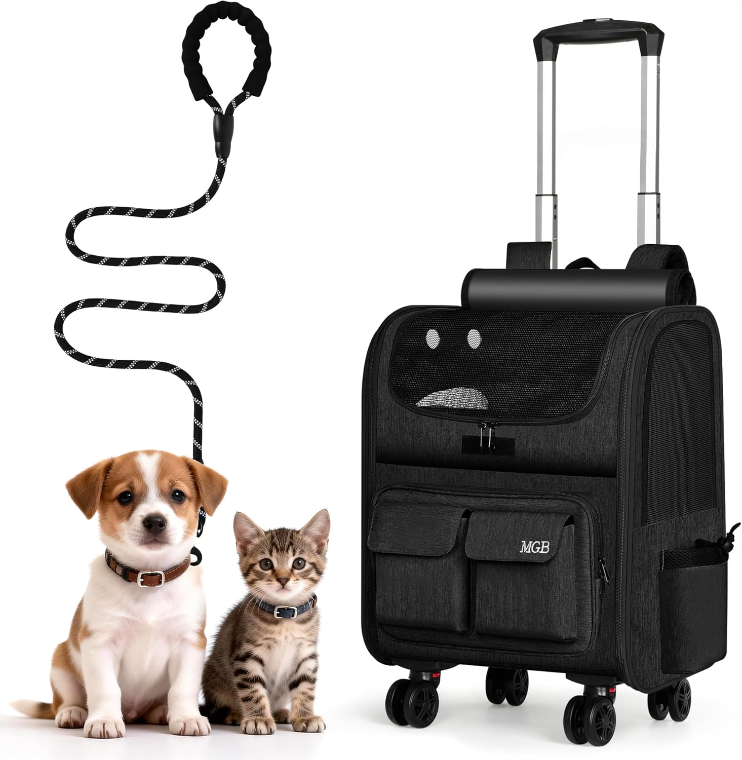 MGB Rolling Cat Carrier with Wheels: Dog Carrier for Small Dogs & Large Cats, Large Cat Carrier with YKK Zipper, Large Capacity, Breathable Mesh, Side Pocket, Black (Not for Airline)