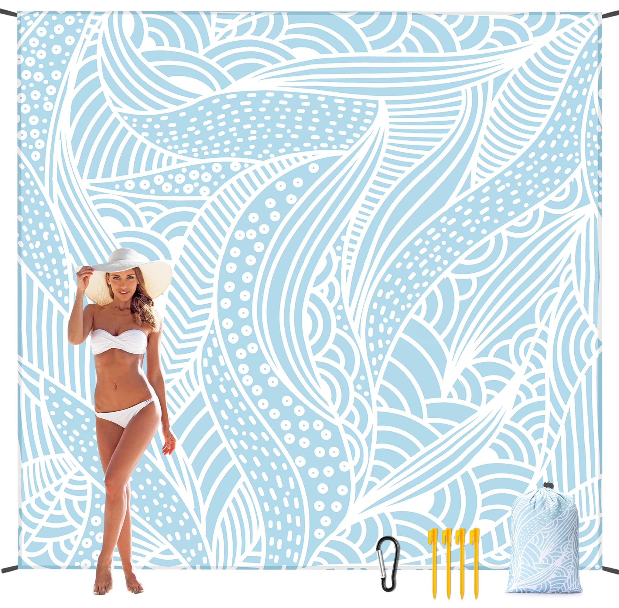 HIHOHO Beach Blanket, Sandproof Beach Mat, Waterproof Quick Drying Lightweight Outdoor Aztec Picnic Mat 79" X 83" for 2-4 Adults with Pocket for Travel, Camping, Hiking