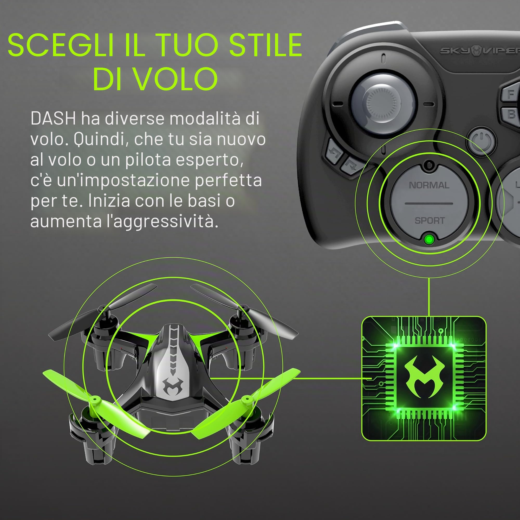 Sky Viper Dash Nano Drone Nero/Verde, 2 x 2 x 0,75 pollici