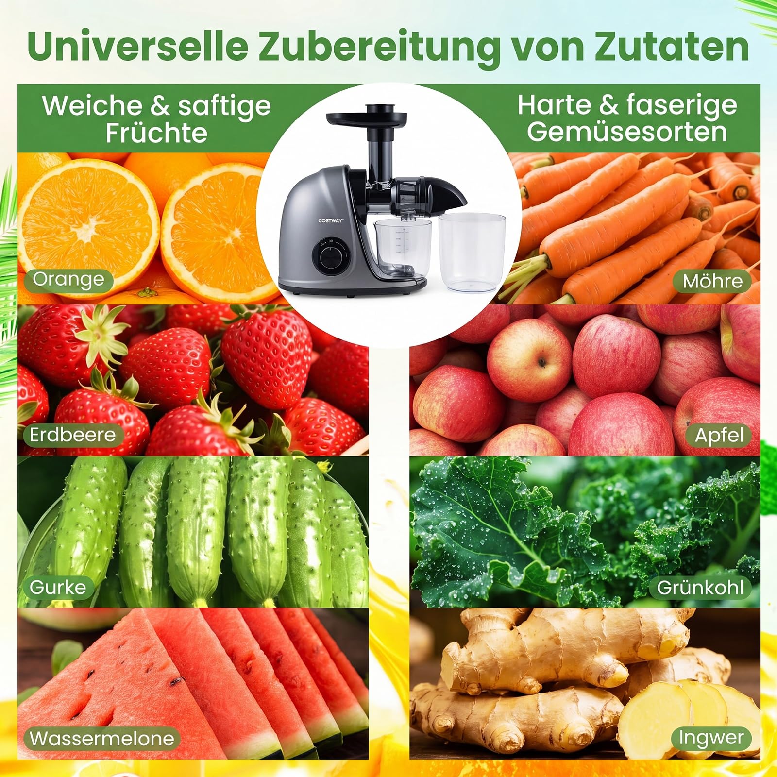 COSTWAY Entsafter Gemüse und Obst, Slow Juicer mit Rückwärts-Kau-Funktion | mit 700 ml Becher & 1,1 L Fruchtfleischbehälter & Reinigungsbürste, kompakte Obstpresse für frische Säfte, Drinks, Silber