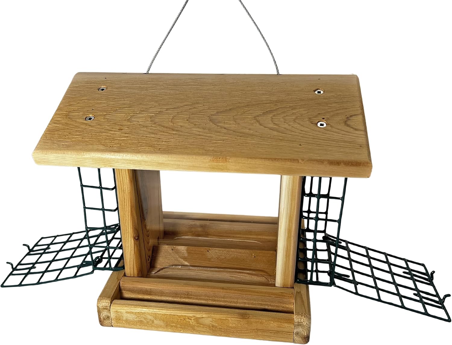 DutchCrafters Large Cedar Wood Hopper Bird Feeder with Suet Cages, Wooden Outdoor Feeder for Birds, Hanging Mount - Amish Made in USA