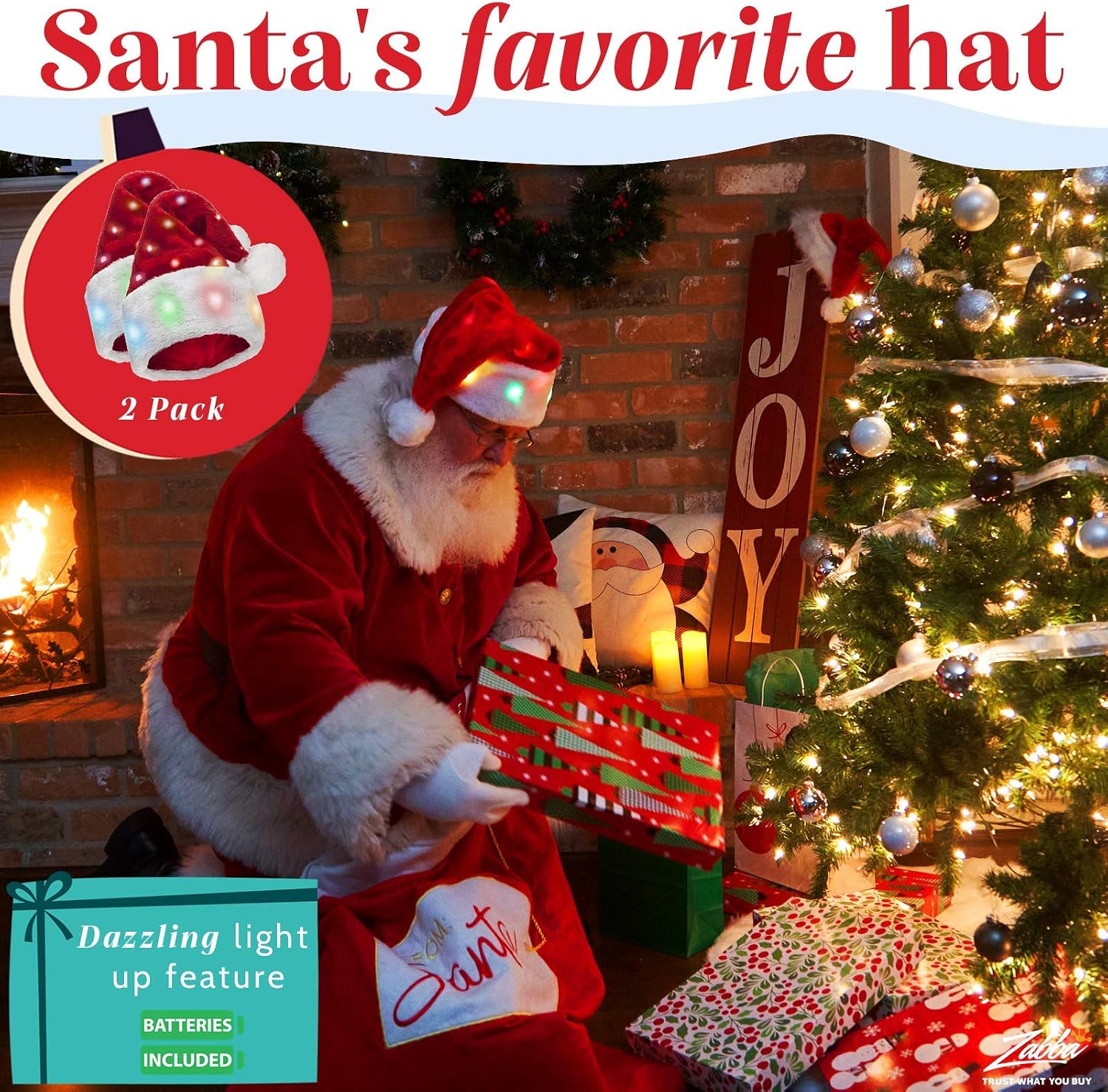Plush Santa Hat - Pack of 2 - Funny Christmas Hats for Kids & Adults with 20 Light Up, Color-Changing LED Lights and Batteries - Adult Size