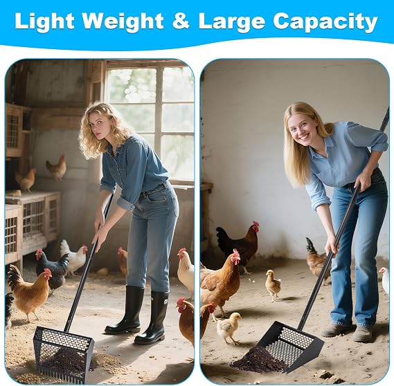 2-in-1 Coop Scoop(24 to 68), Chicken Poop Scooper with Grip & Rake, Chicken Coop Accessories for Pet Waste Cleaning, Adjustable Stainless Steel Sand Sifting Litter Shovel for Chicken Coop
