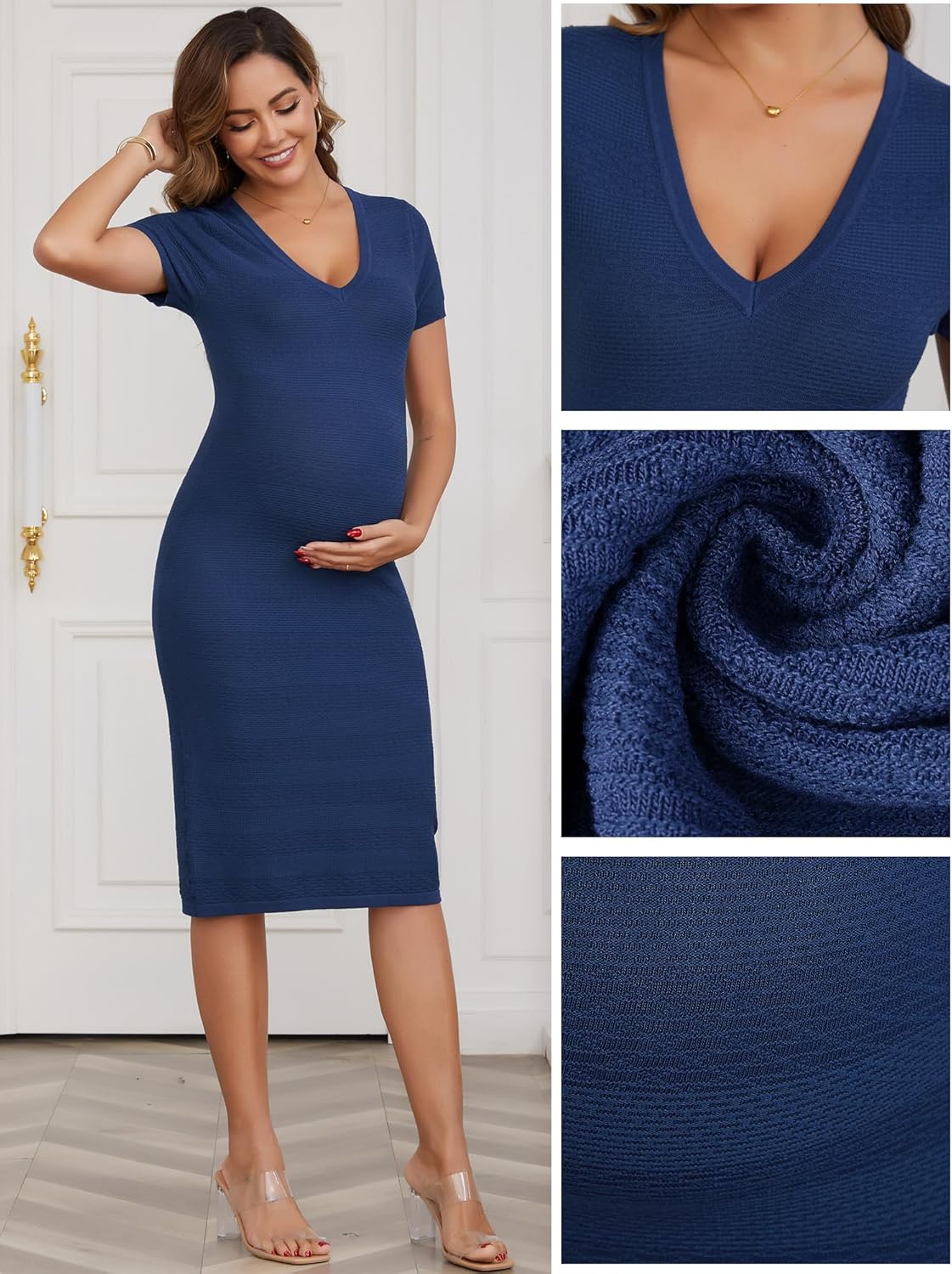 Women's Maternity Work Dress Semi Fomal Office Short Sleeve V Neck Stertchy Crochet Knit Sweater Dresses 2026