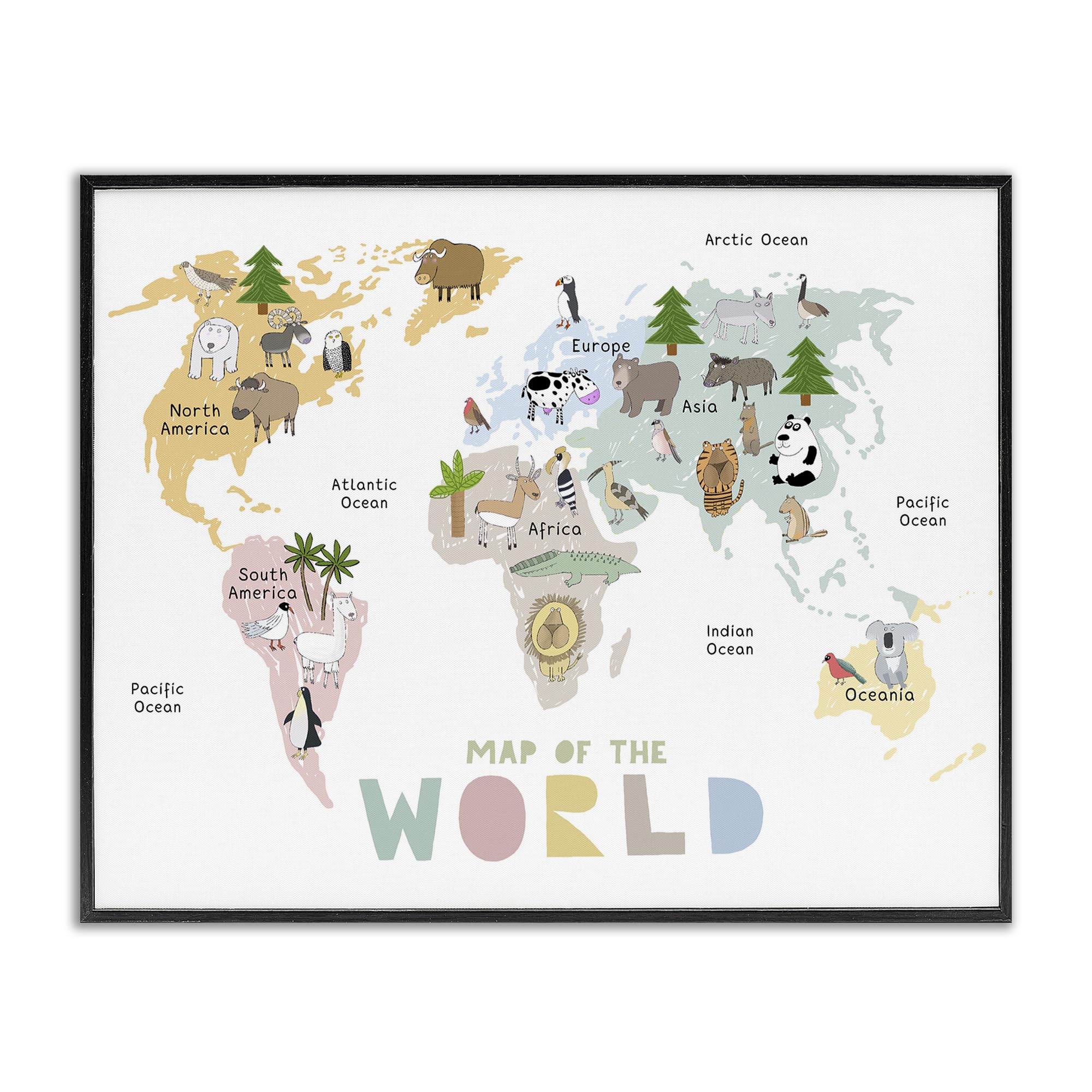 Art encadré Giclée carte du monde animaux pastel Stupell Industries gris 16x20