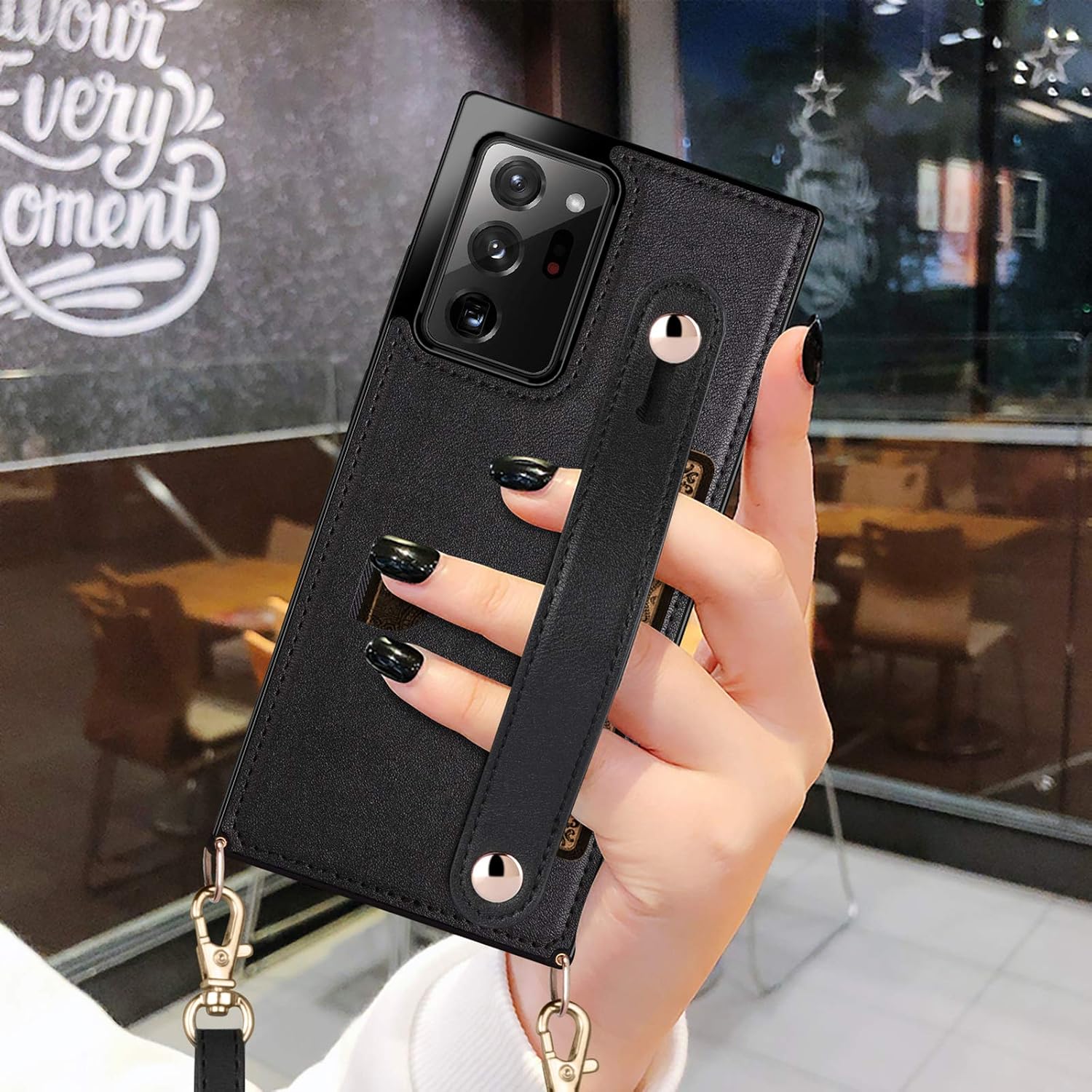 HianDier Compatible with Galaxy Note 20 Ultra 5G 6.9-inch Wallet Case Slim Protective Case with Hand Strap Holder Kickstand Lanyard Credit Card Slot Soft PU Leather Square Cover, Black