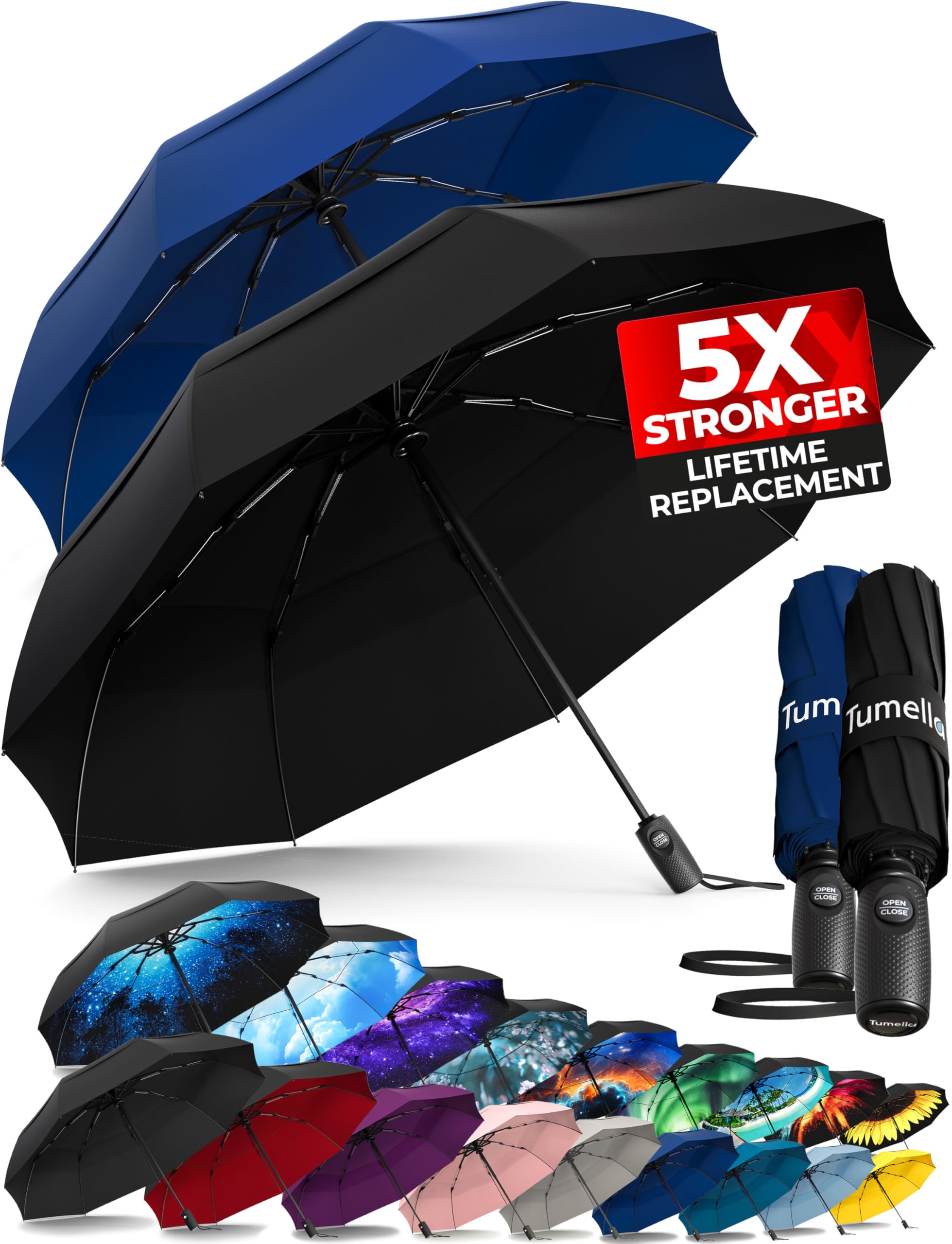 TUMELLA Strongest Windproof Travel Umbrella (Compact, 100MPH Wind-Tested), Light, Portable, One-Handed Use, Automatic Folding Rain Umbrella, Durable, Premium Grip, Fits Car & Backpack