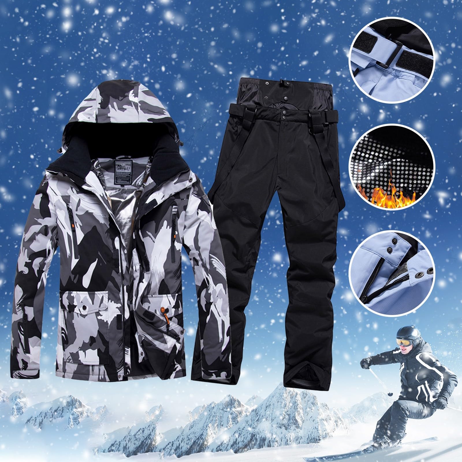 Generisch Skianzug Herren, Ski Jacke und Hosen Set, Winter Warme Schneeanzug Herren, Wasserdicht Winddicht Ski Anzug Männer 2 teilig Set für Wandern Klettern Isoliertes Snowboarden Warm Insoliert