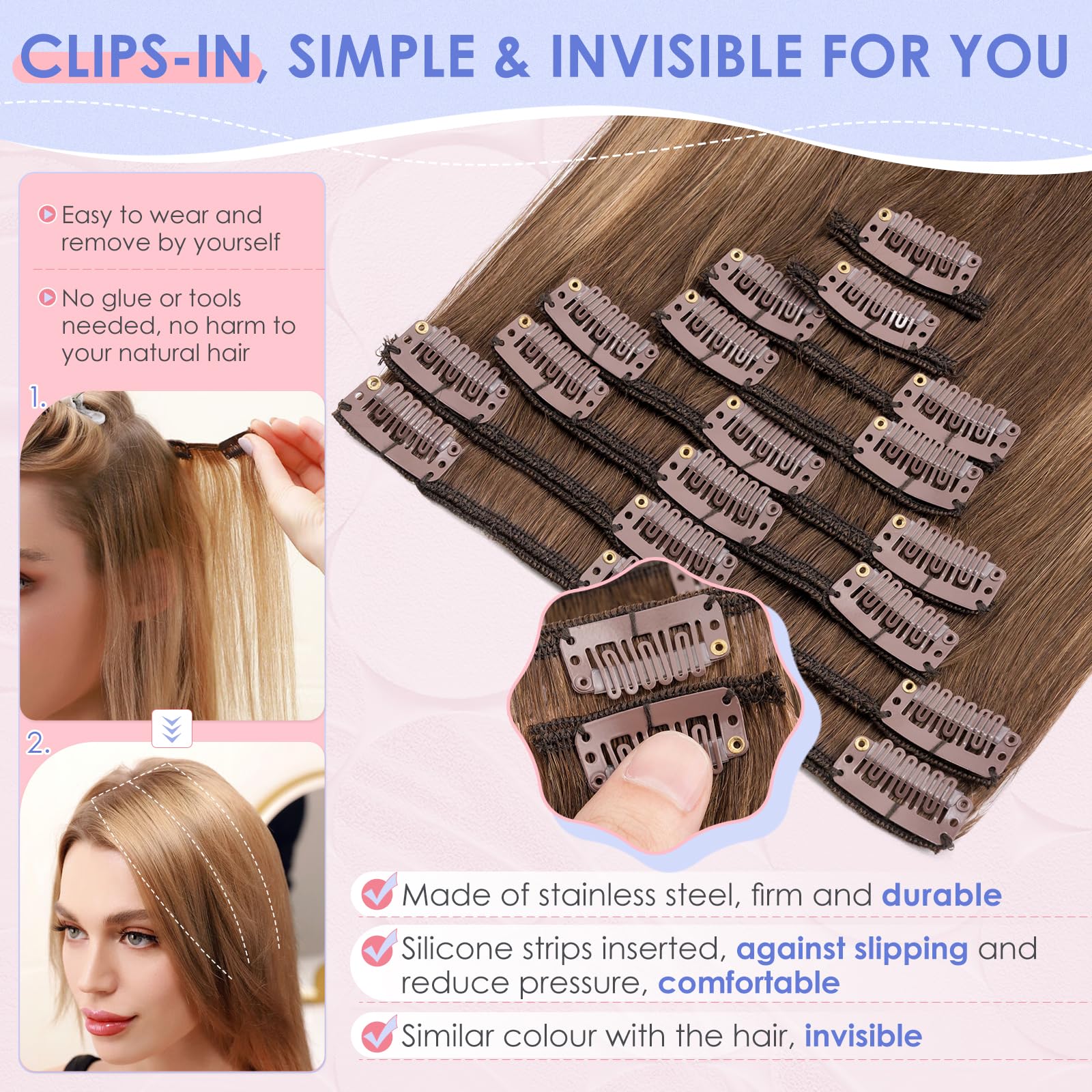 Elailite Clip in Hair Extension Real Human Hair Full Head Short Hair - Image 3
