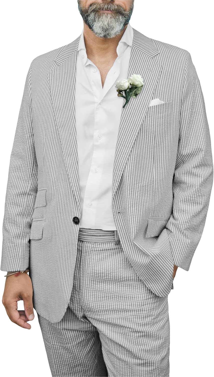 Men's Striped Seersucker Suits 2 Piece Slim Fit Wedding Tuxedo Summer Beach Suit Blazer Pant Sets