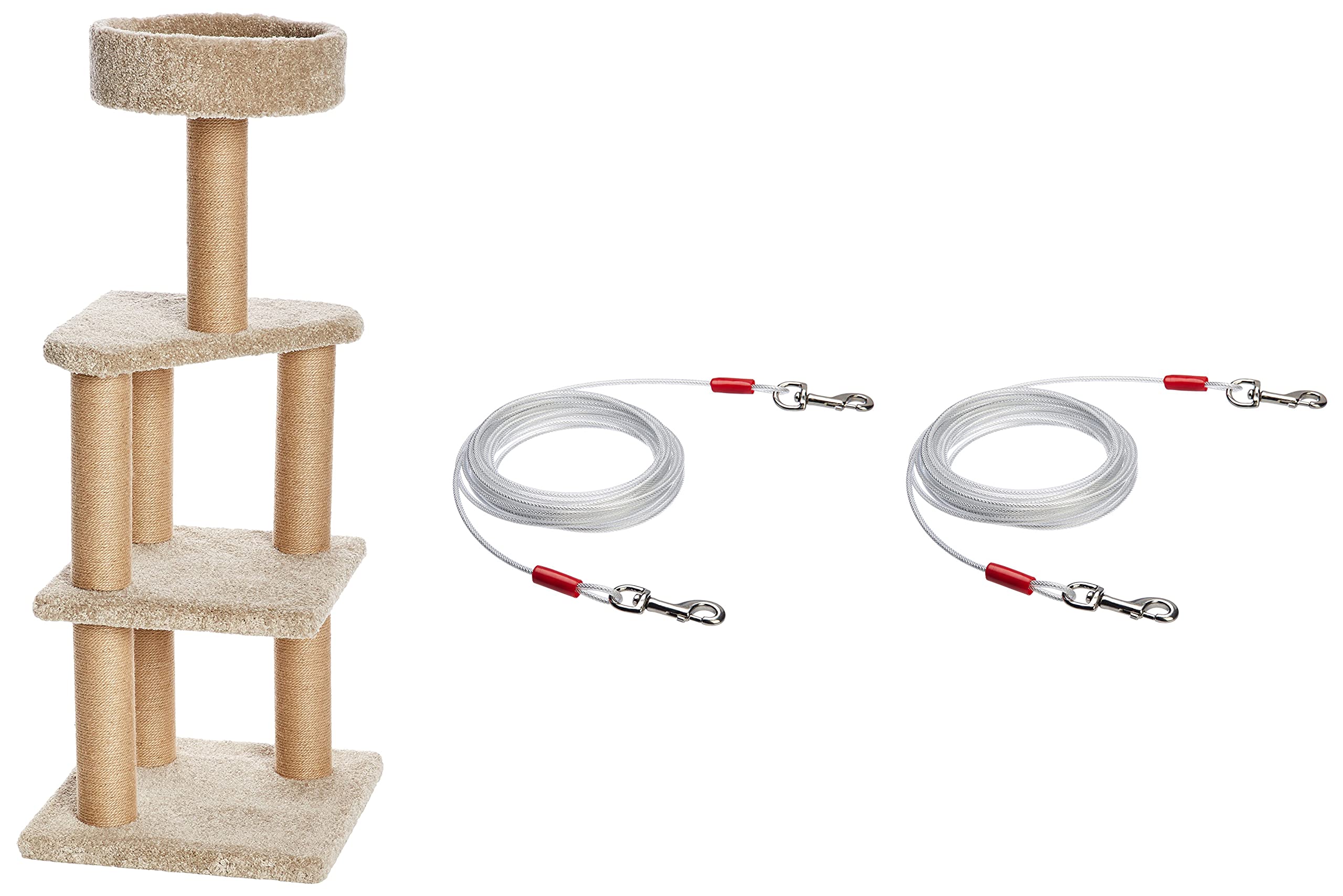 AmazonBasics Cat Activity Tree with Scratching Posts, Large & AmazonBasics Tie-Out Cable/Leash for Dogs up to 41 Kg, 25 Feet, Set of 2