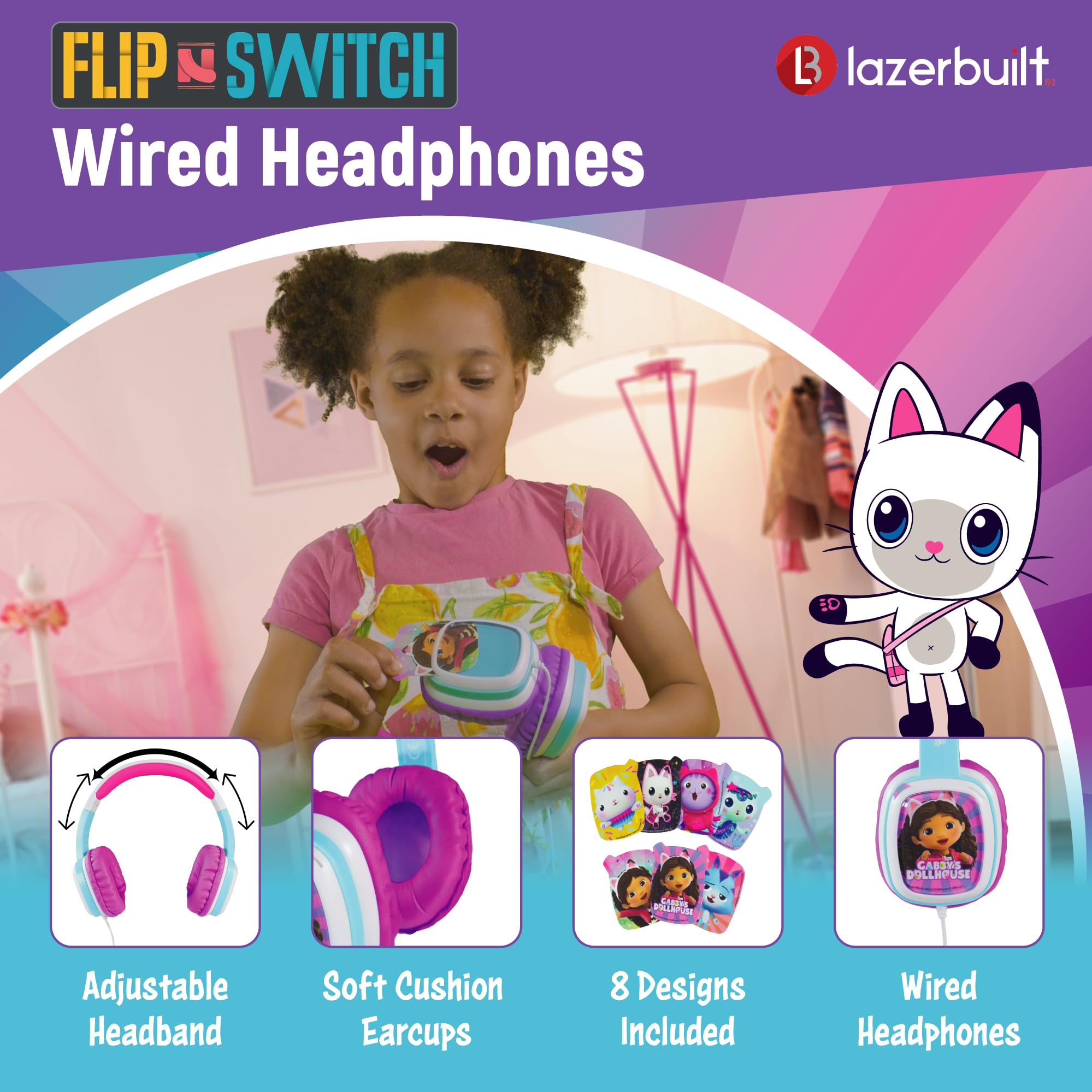 Gabbys - Cuffie per bambini Flip'n'Switch con cavo e 8 schede dal design divertente intercambiabili, morbidi e comodi padiglioni imbottiti e archetto regolabile.