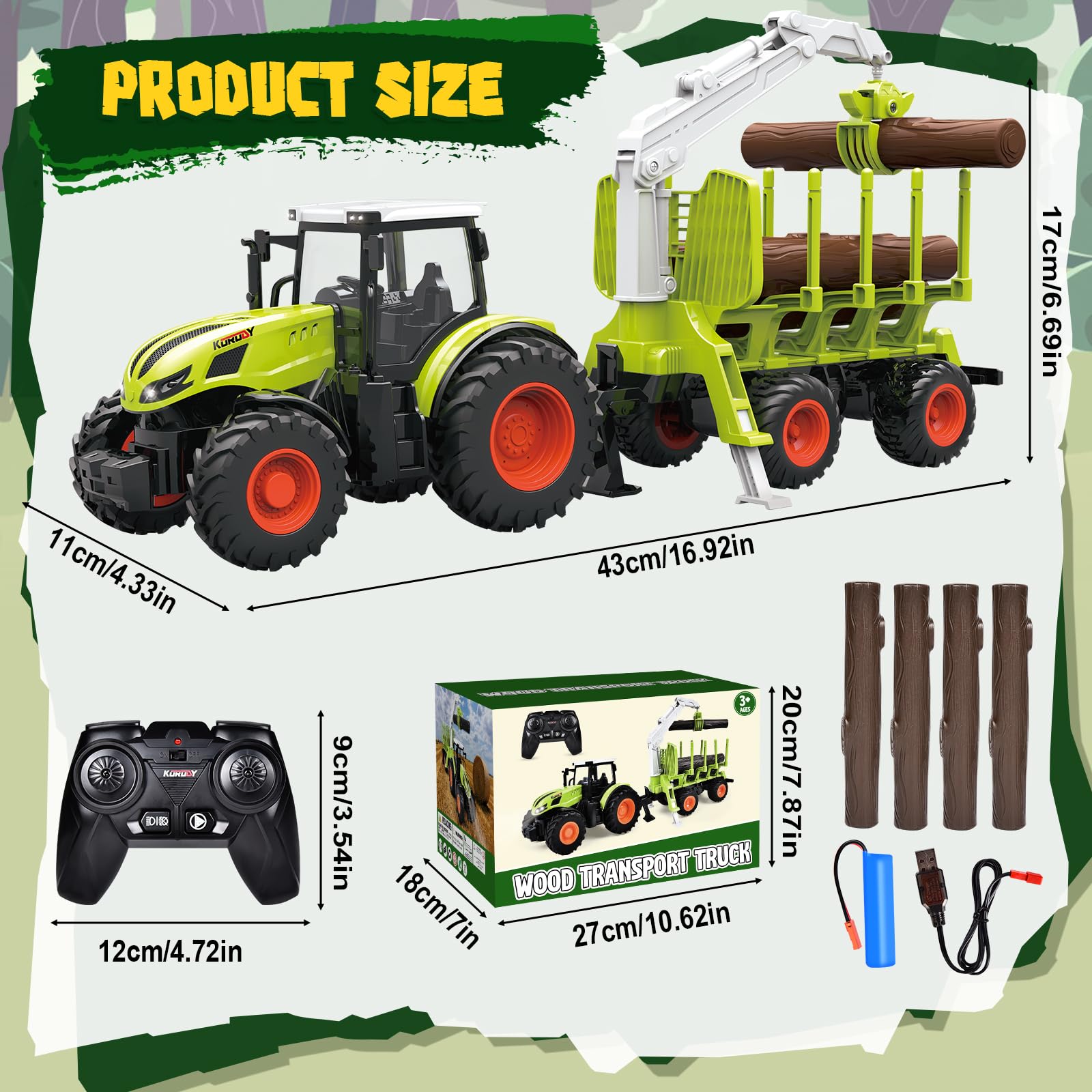 Aragallant RC Tracteur Télécommandé Enfant avec Remorque Forestière et Grappin, Jouet Ferme 2-6 Ans