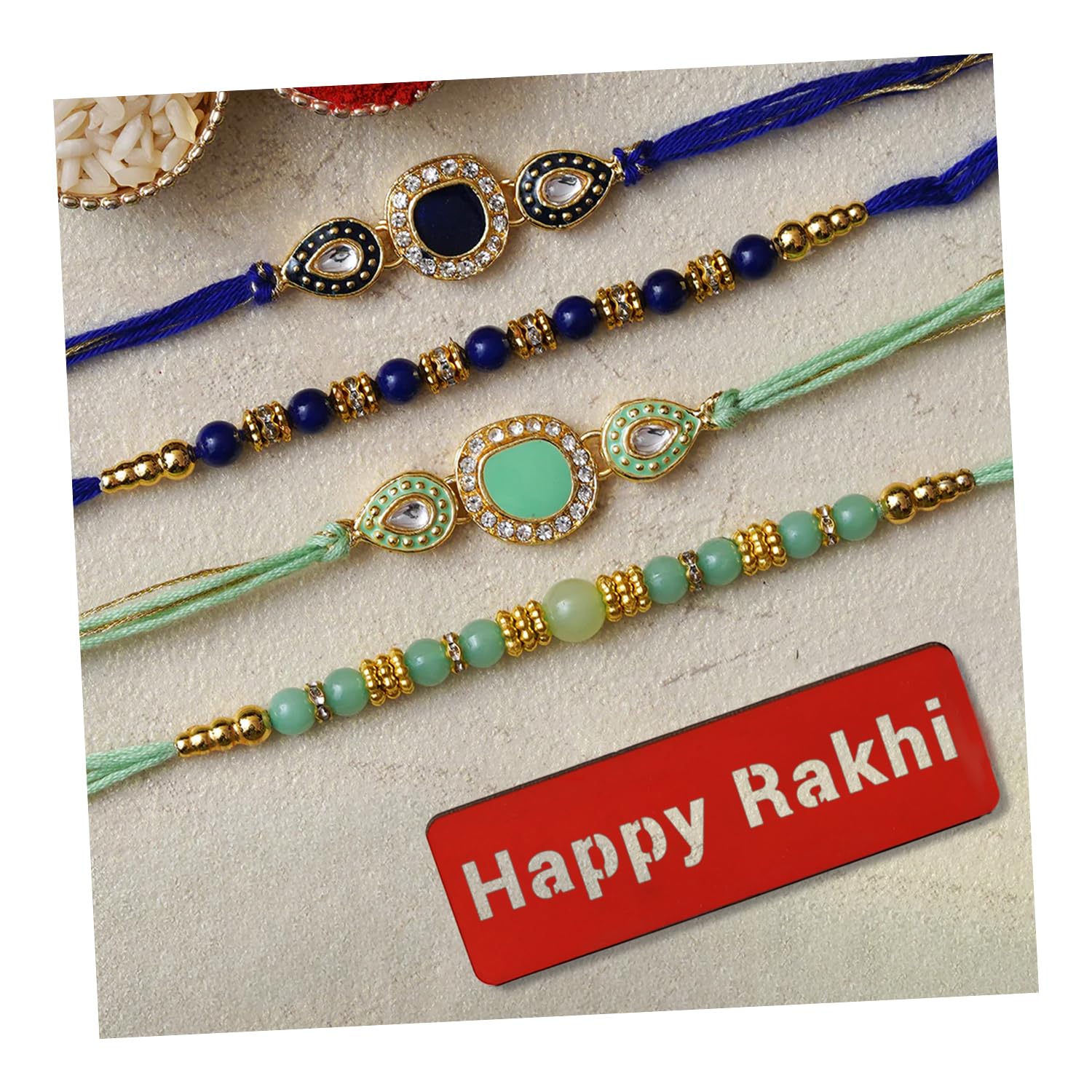 eCraftIndia Set of 4 Multicolor Beads Kundan Designer Rakhis, Happy Rakhi Wooden Cutout with Roli Chawal Pack - Rakhis for Brother, Bhabhi, Kids (B0D1C76T96) Amazon Price History, Amazon Price Tracker