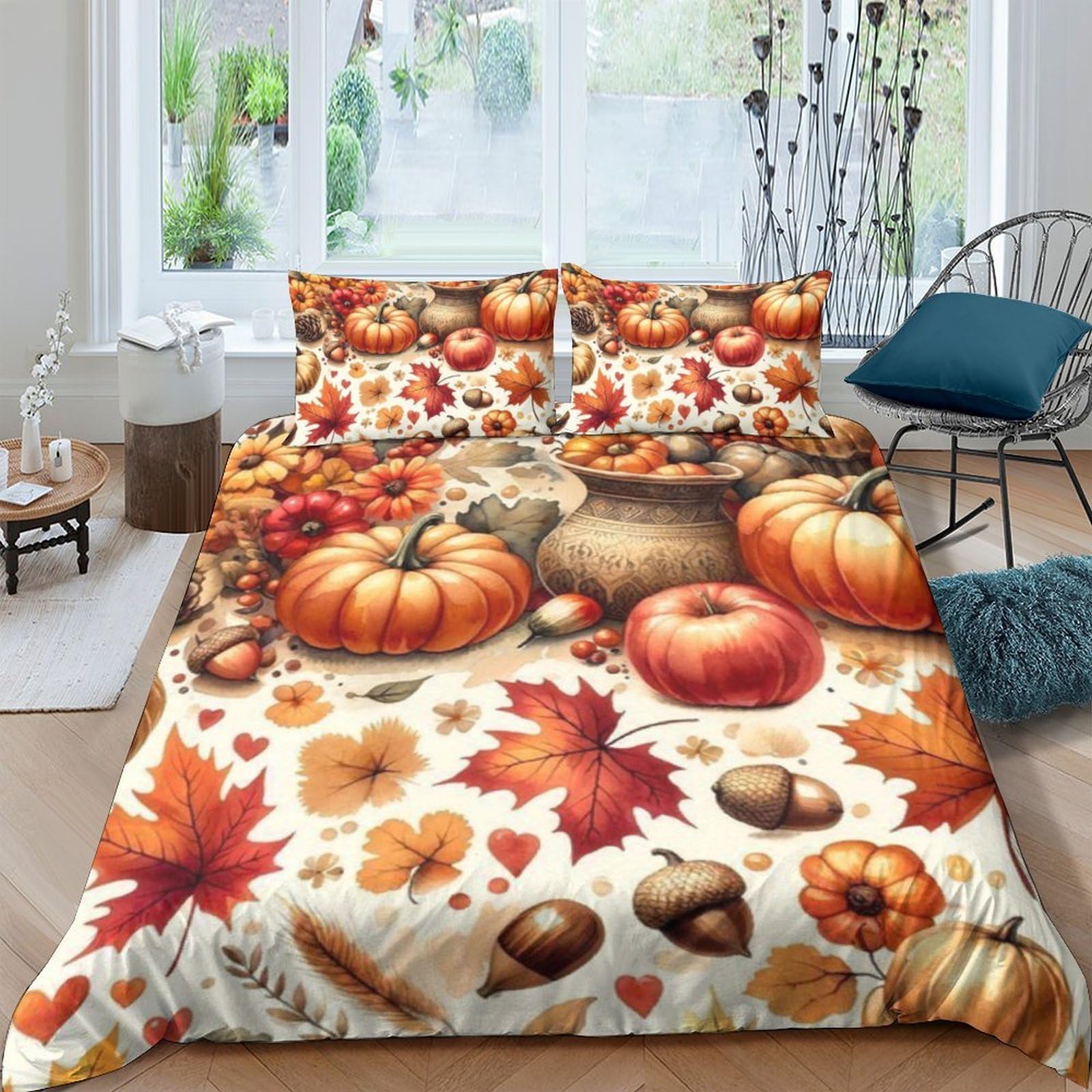 Ctjqhvkz Style-7 3D Printed Autumn Pumpkin Fitted Sheet Microfiber Soft Breathable Maple Leaves Bed Cover For Bedroom Guest Room Decor Single（135X200cm）