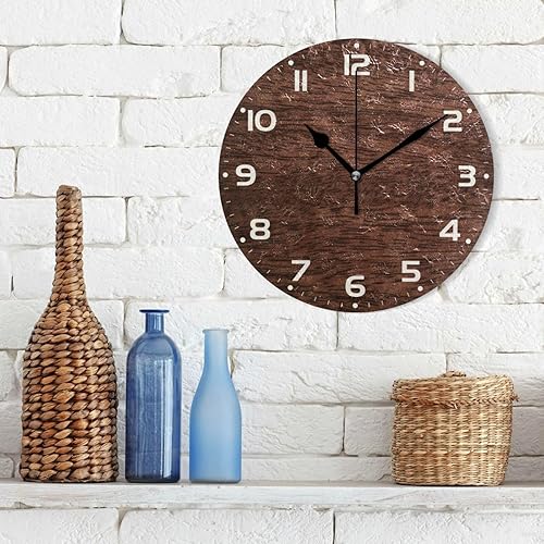 Miniatura 3 de Reloj de pared de madera maciza marrón, silencioso sin tictac, funciona con pilas, reloj redondo decorativo creativo para cocina, sala de estar,