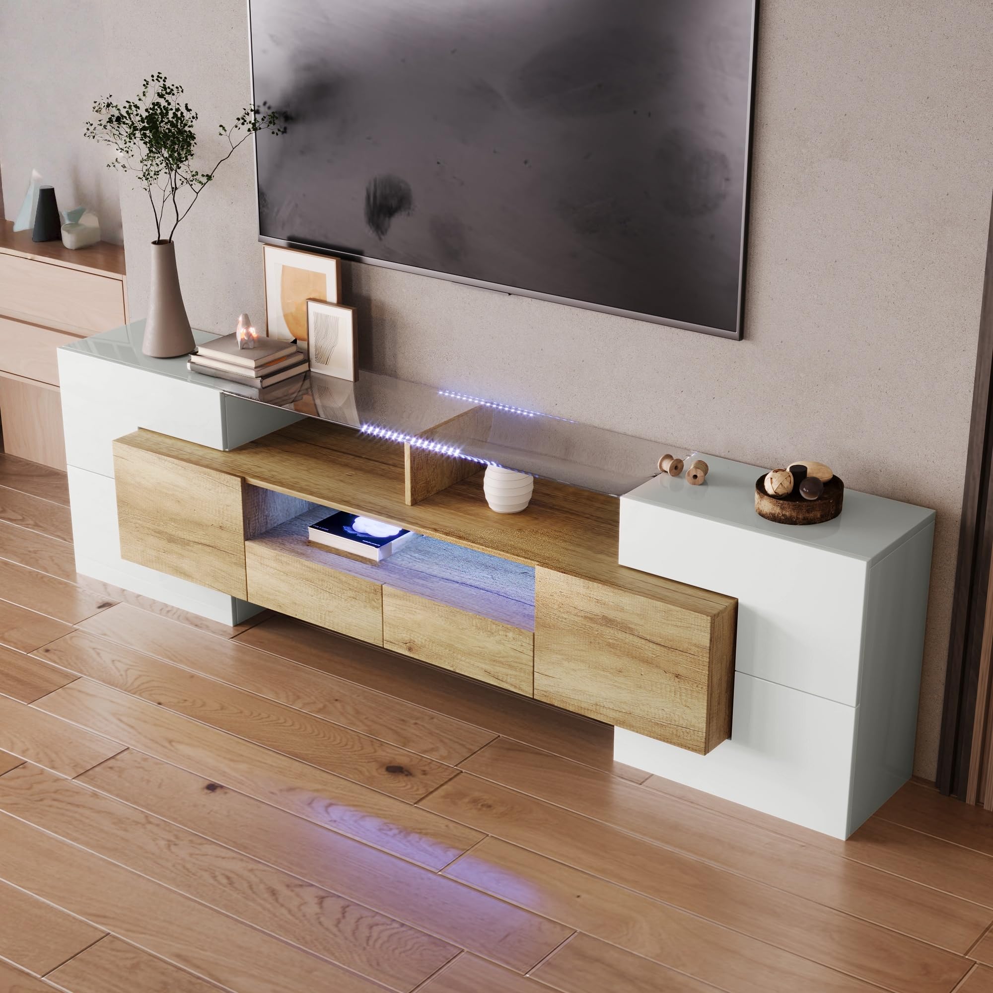 TV Schrank mit 2 Schubladen und LED-Beleuchtung, TV Lowboard für 60-69-Zoll-Fernseher, Fernsehschrank Wohnzimmerschrank mit Hochglanz, TV Möbel Wohnzimmer Möbel, 200x35x60 cm, Natur