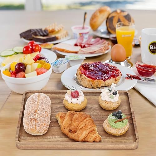 Miniatura 4 de 2 bandejas rectangulares de madera de acacia maciza, tableros de madera natural para bar, café, fiesta, 13 x 9 pulgadas (color tronco de madera)