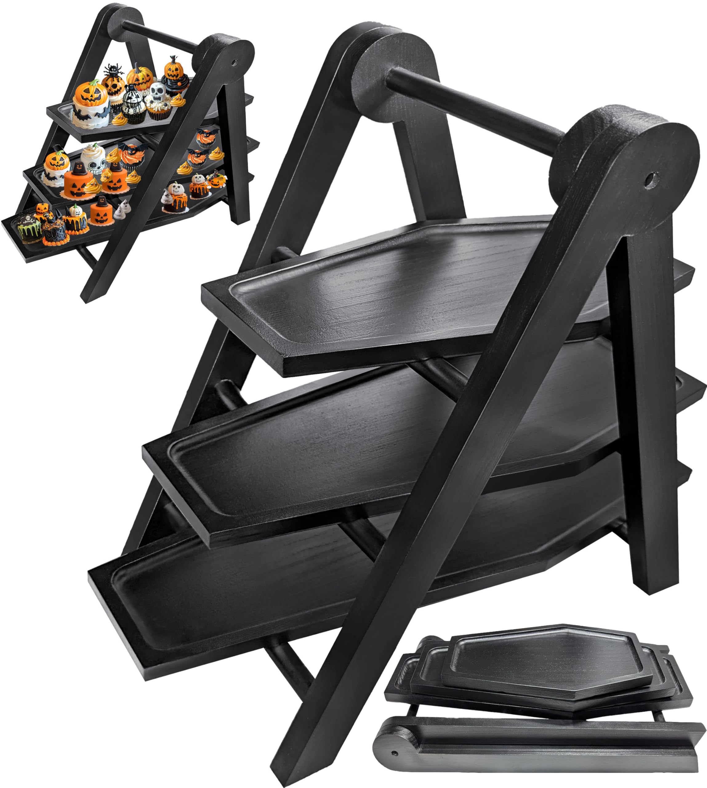 Halloween Party Supplies Dessert Decorations, Coffin Decor Cupcake Stand, 3 Tiered Tray Stand, Coffin Charcuterie Boards Halloween Serving Tray and Platters, Black
