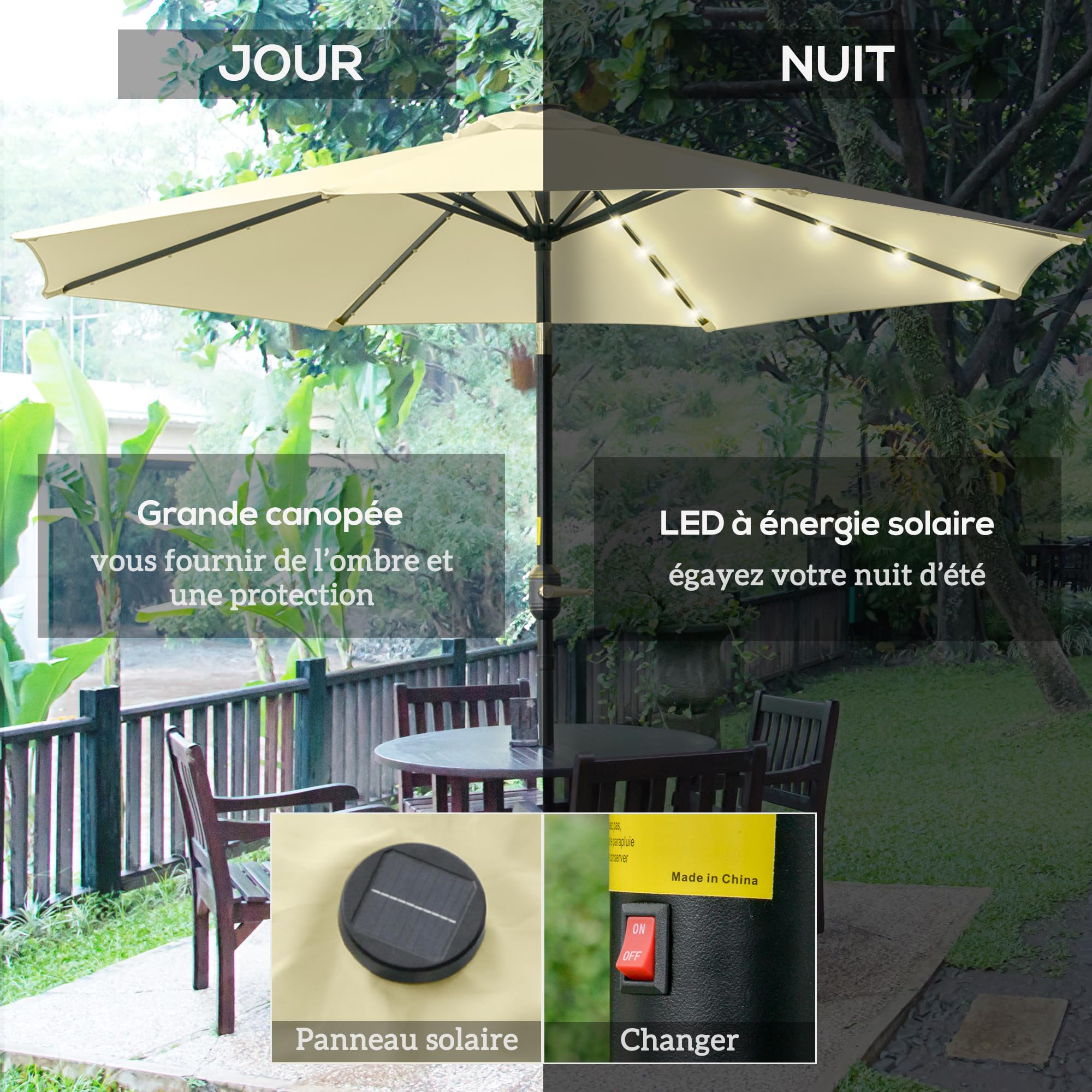 Outsunny Parasol de Jardin Extérieur Rond Ø 265 cm Droit Inclinable Beige