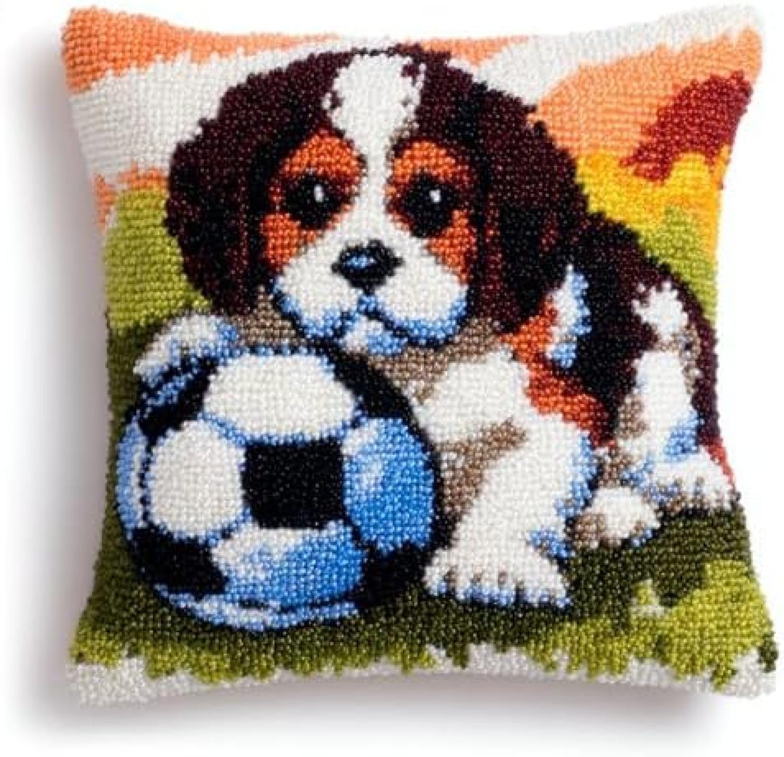 kitphoenix DIY Cushion Cover Latch Hook Kit,Cavalier King Charles Dog Play Soccer Ball,Adults Craft Hobby Set with Pre-Cut Yarn,Hook and Printed Canvas,43x43 cm