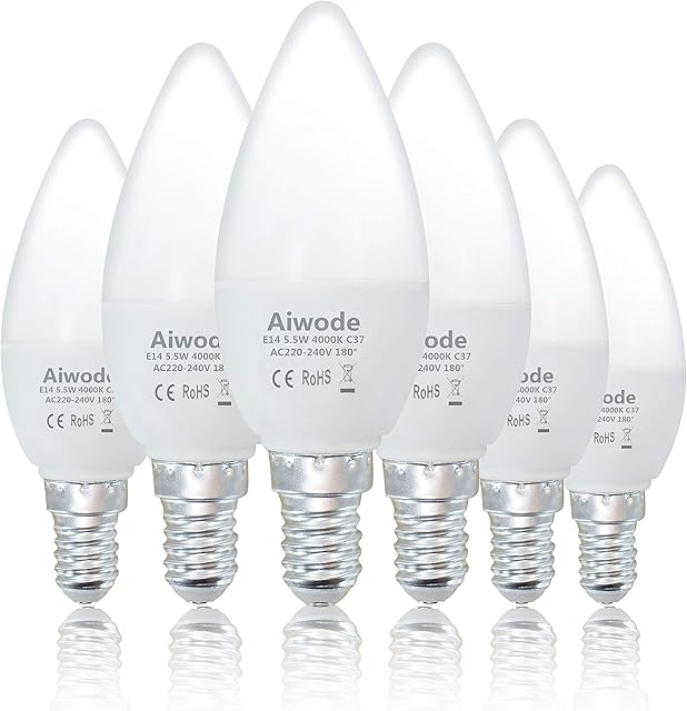 Aiwode 5.5W E14 LED Candle Bulbs,Natural White 4000K,Equivalent 40W Halogen Lampe,470LM RA80,180°Beam Angle,C37 Small Edison Screw,6 Pack.