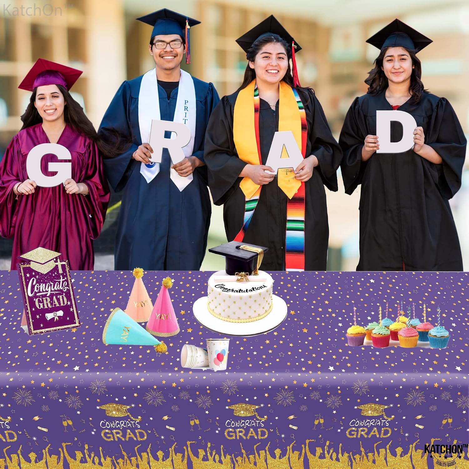 KatchOn, Purple and Gold Graduation Tablecloth - XtraLarge 108x54 Inch, Pack of 3 | Congrats Grad Tablecloth for Graduation Decorations 2026, Purple and Gold 2026 Graduations Party Decorations