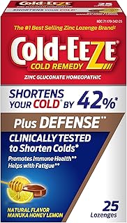 Cold-Eeze Plus Defense Natural Manuka Honey Lemon Zinc Lozenges, Homeopathic Cold Remedy, Shortens Common Cold Symptoms, Promotes Immune Health, Sambucus Nigra, Echinacea and Rose Hips, 25 Ct.