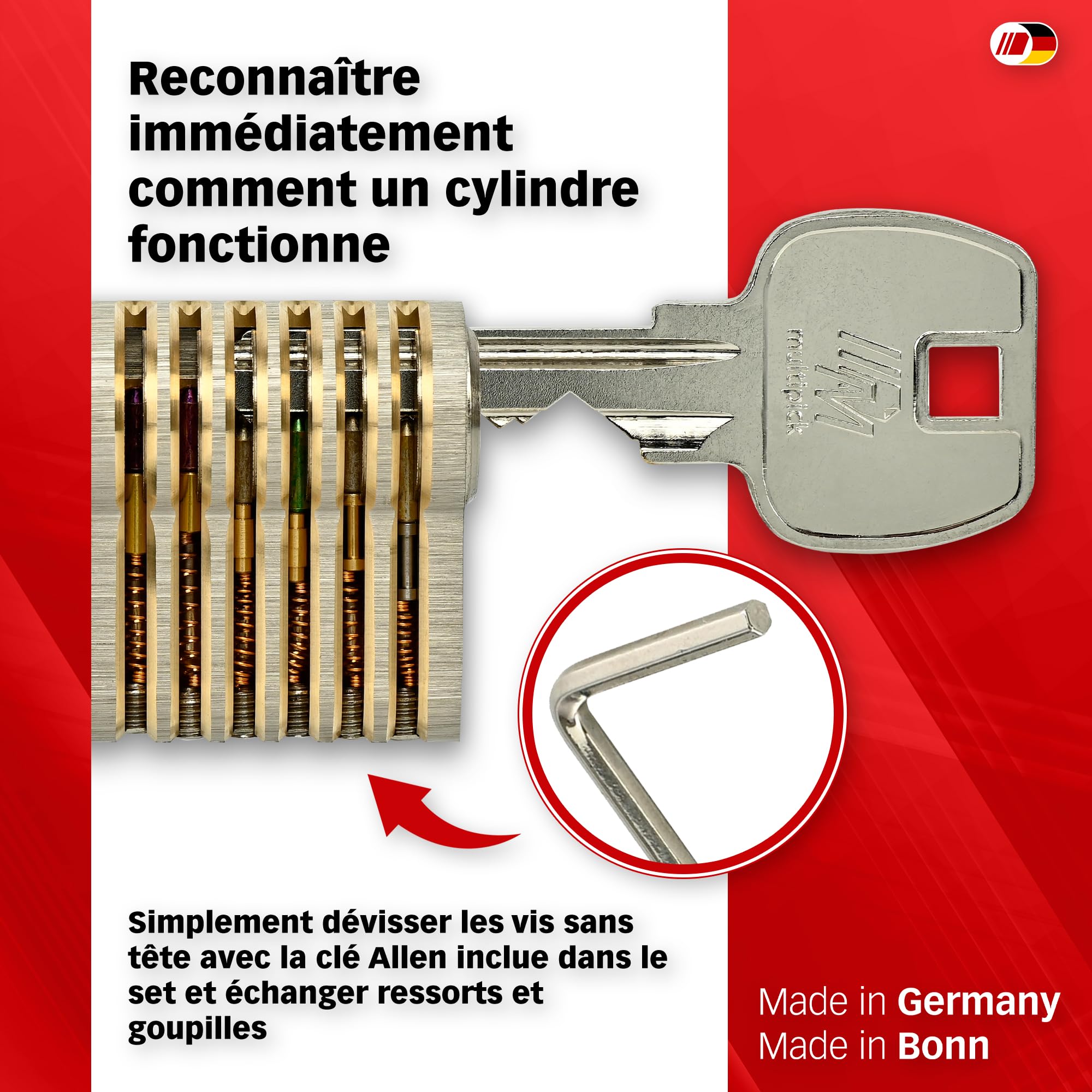 MULTIPICK Cylindre d’entraînement standard - [6 goupilles variables] Crochetage serrure - Lockpicking kit - Pour débutants et professionnels - Crocheteur de serrure professionnel - Made in Germany