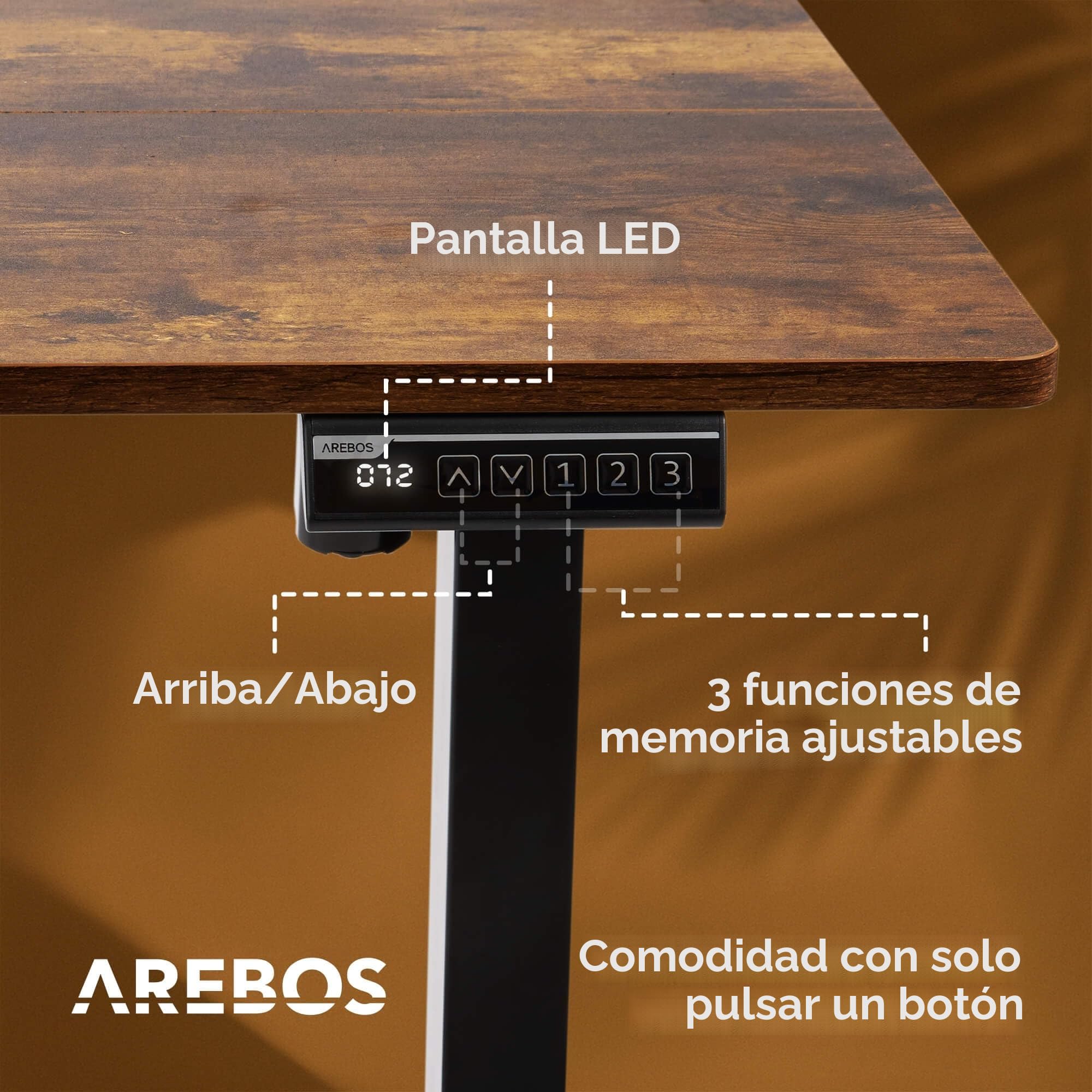 Arebos Escritorio Eléctrico Ajustable 160 x 80 cm | Altura 72-118 cm | Función Memoria | Mesa Ergonómica de Pie y Sentado | para Oficina, Hogar, Teletrabajo | Marrón