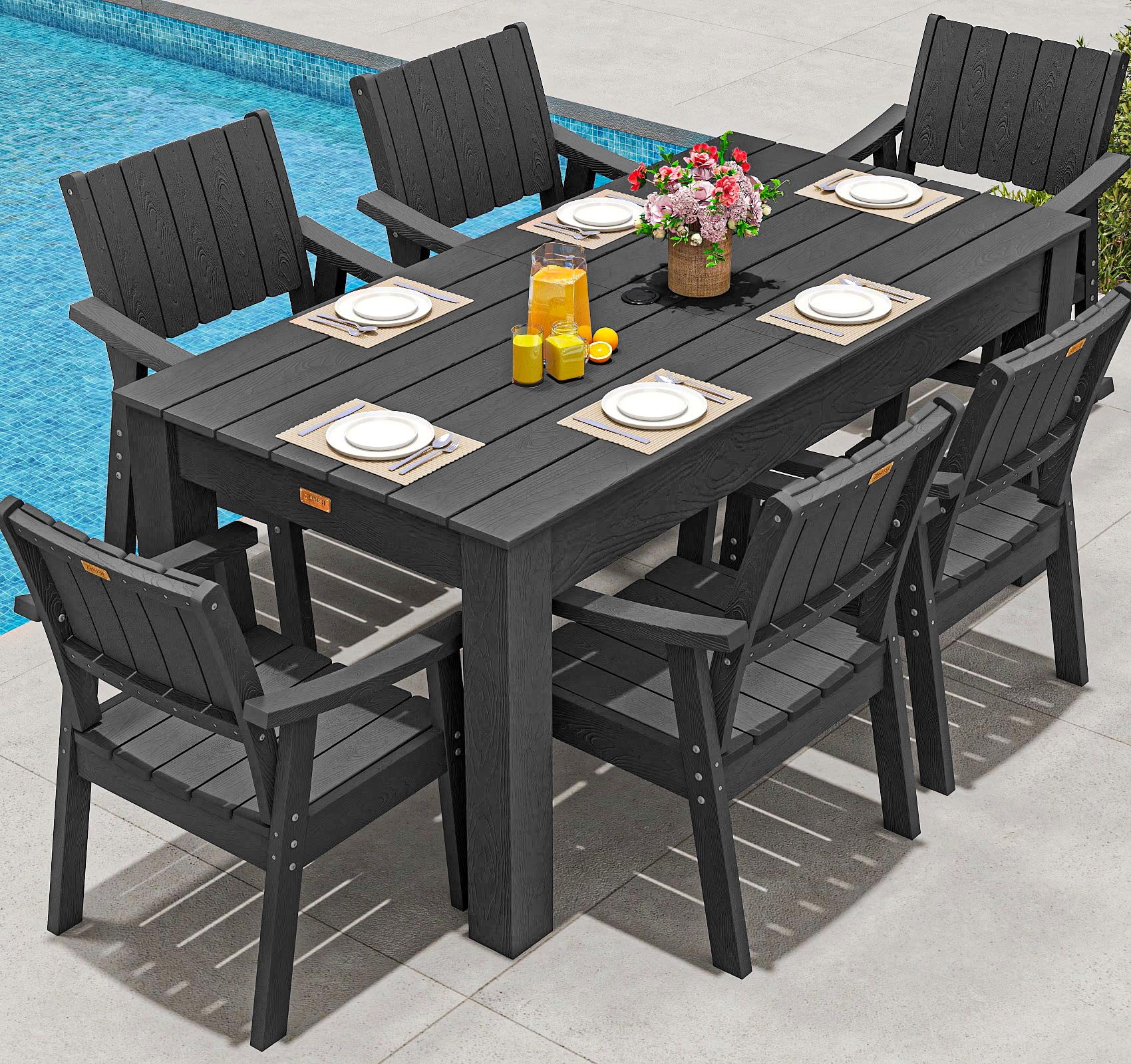 ZHUSI Patio Table and Chairs Set, Outdoor Table and Chairs,HDPE Outdoor Dining Set with Umbrella Hole for Backyard, Poolside, Porch (Black, 7 PCS)
