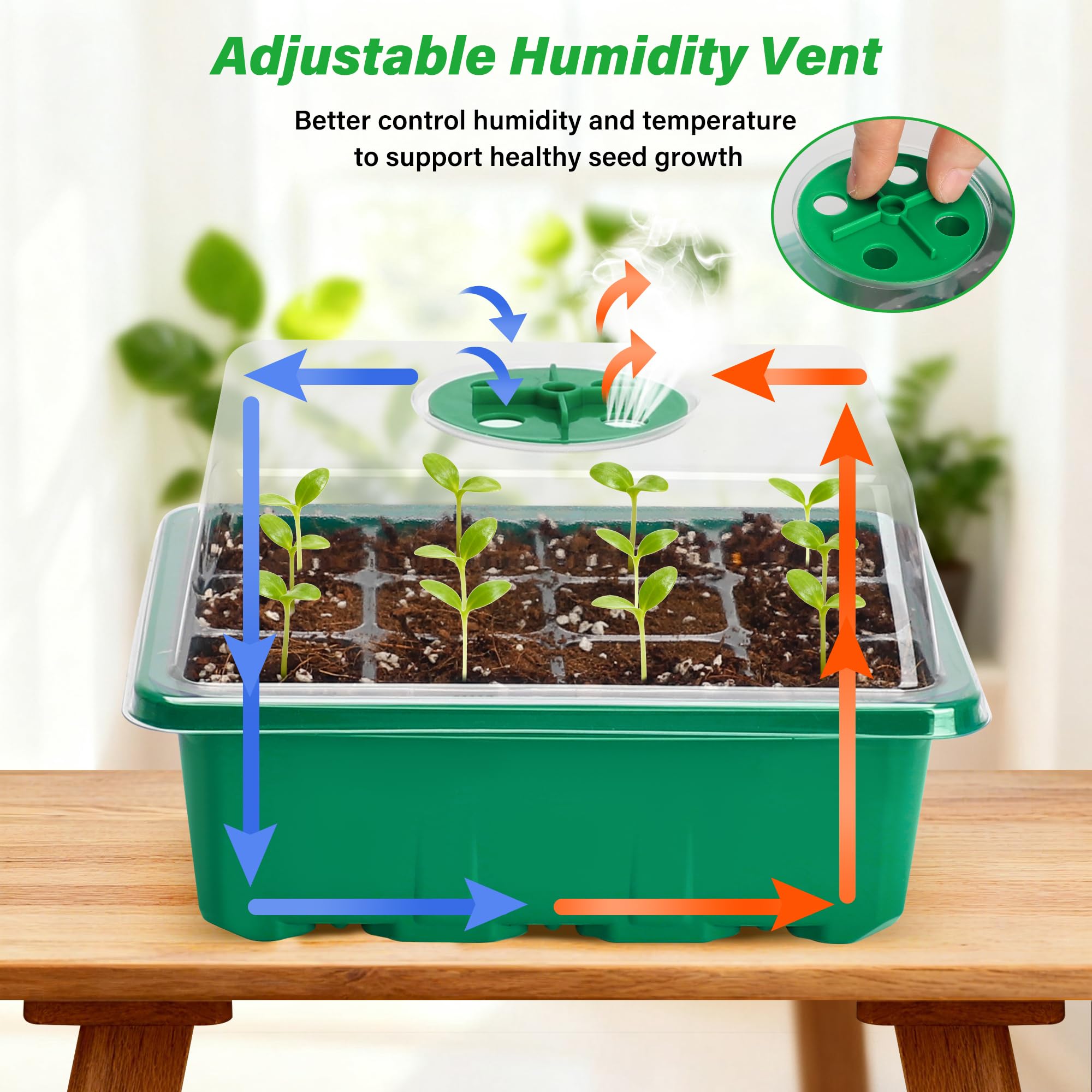Bonviee 5-Pack Seed Starter Trays, Seed Starter Kit with Adjustable Humidity Dome and Base Indoor Greenhouse Mini Propagator for Seeds Growing Starting (12 Cells Per Tray, Green)