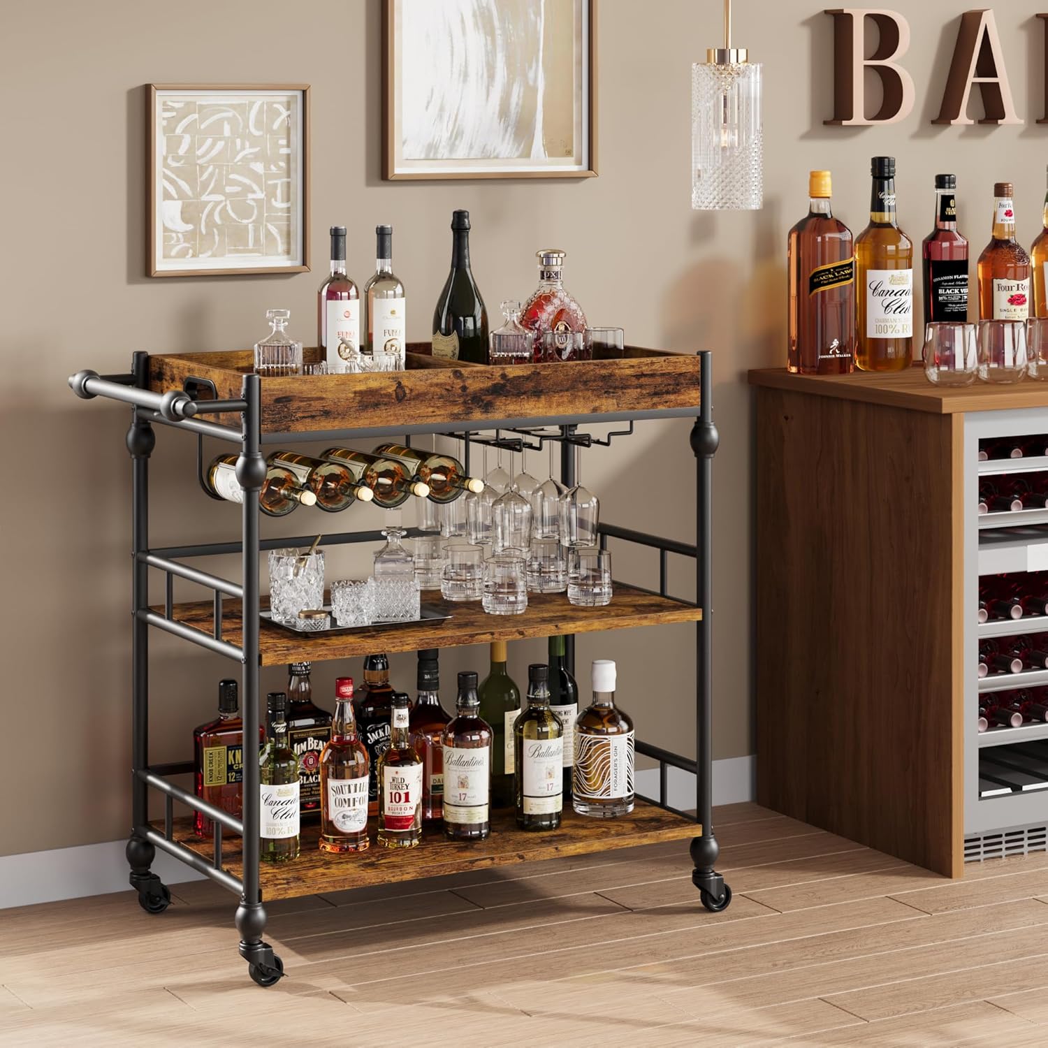 IDEALHOUSE Bar Cart, Bar Carts for The Home, 3 Tier Bar Cart with Wheels, Portable Home Bar & Serving Carts, Rolling Cart with Wine Rack and Removable Tray for Living Room, Kitchen, Dining Room