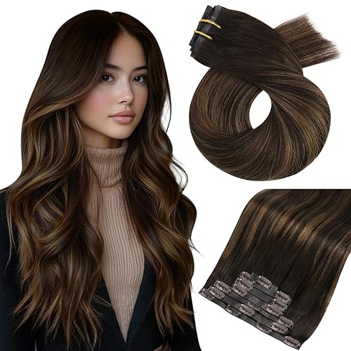 Moresoo - Extensiones de cabello humano Remy sin costuras con pinzas, 16 pulgadas, marrón oscuro mezclado con marrón claro 262, cabello lacio