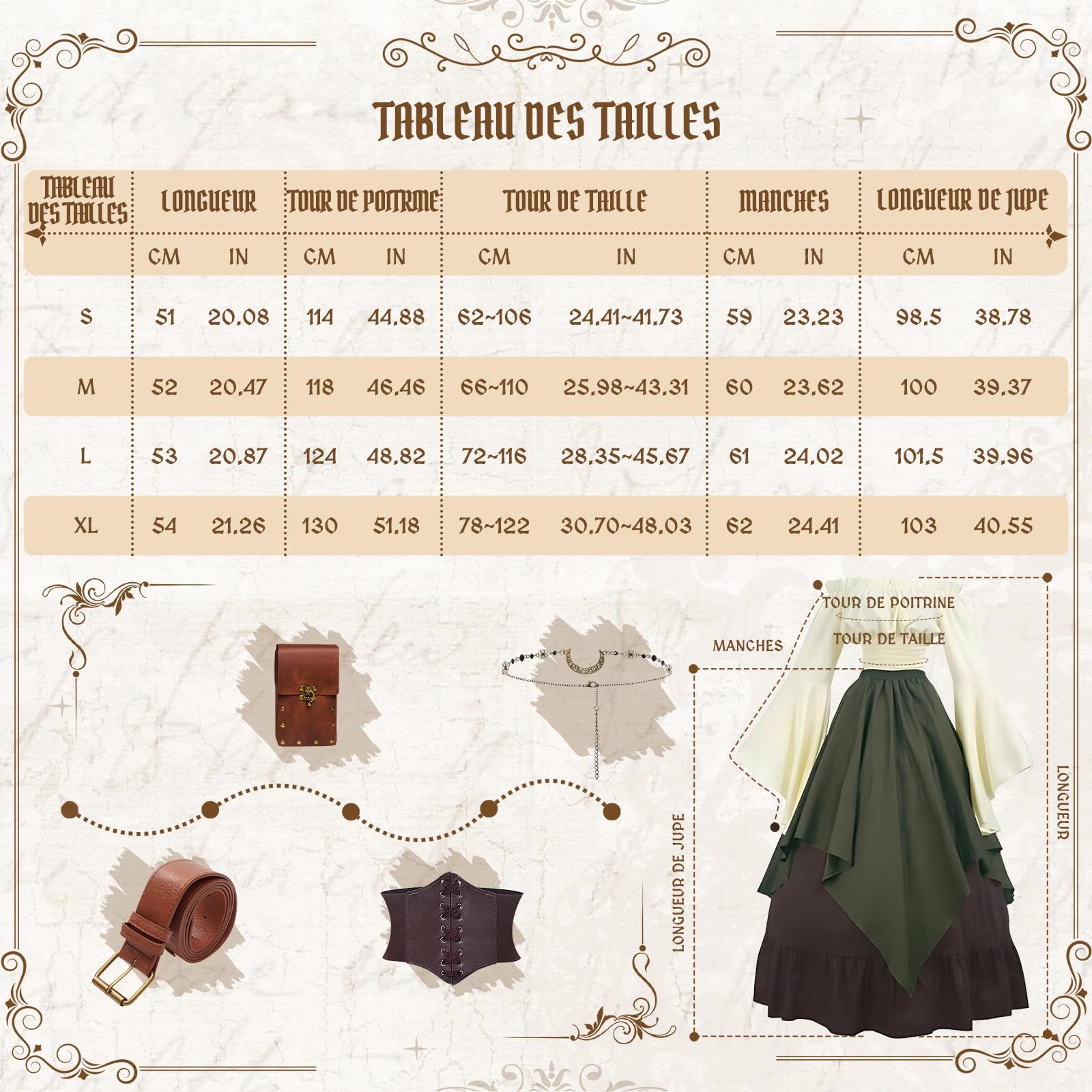 Robe Médiévale Femme, Robe Renaissance Femme avec Corset, Sac Banane, Coiffe, Ceinture, Rétro Renaissance Déguisement Victorienne Flare Manches pour Halloween Carnaval