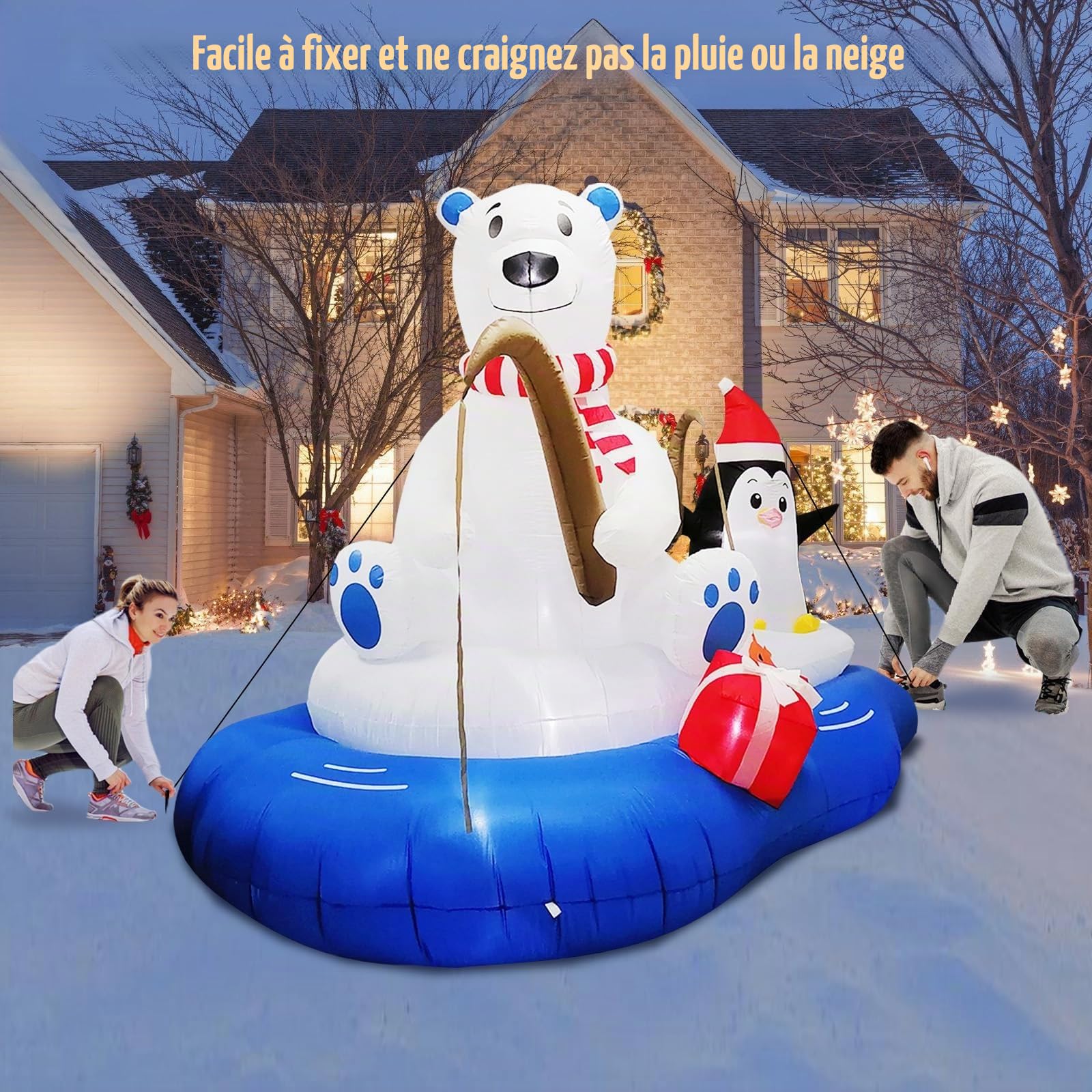 Ours de Noël Gonflable de 180 cm avec Pingouin, Ours Polaire et Pingouin avec 7 lumières LED Lumineuses intégrées pour décorations de Noël dans Le Jardin