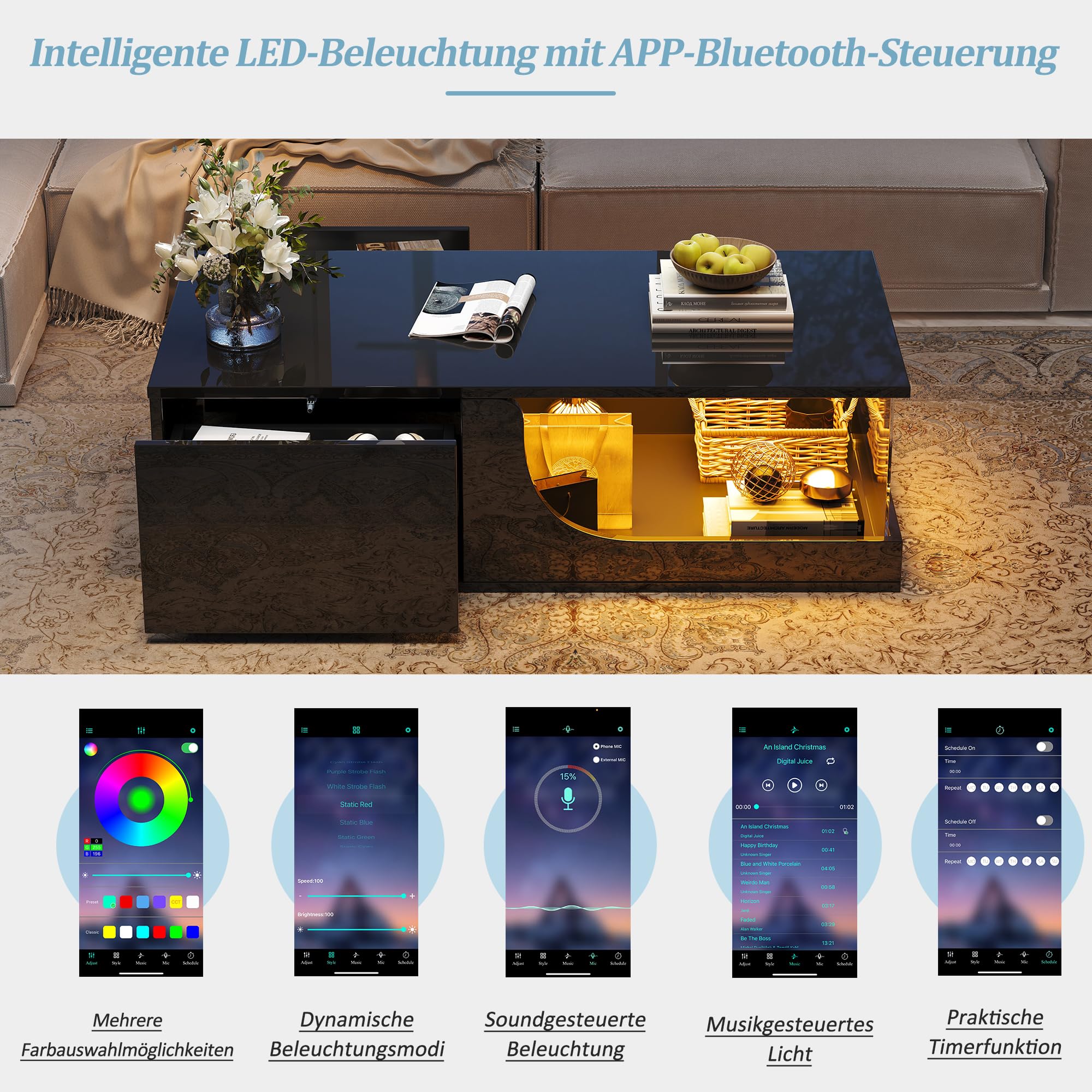 Merax Table Basse LED avec 2 tiroirs, Table de Salon Haute Brillance avec Plateau en Verre trempé, Table de café Moderne avec éclairage RGB contrôlé par Application, Couleur Noire,100×50x30 cm