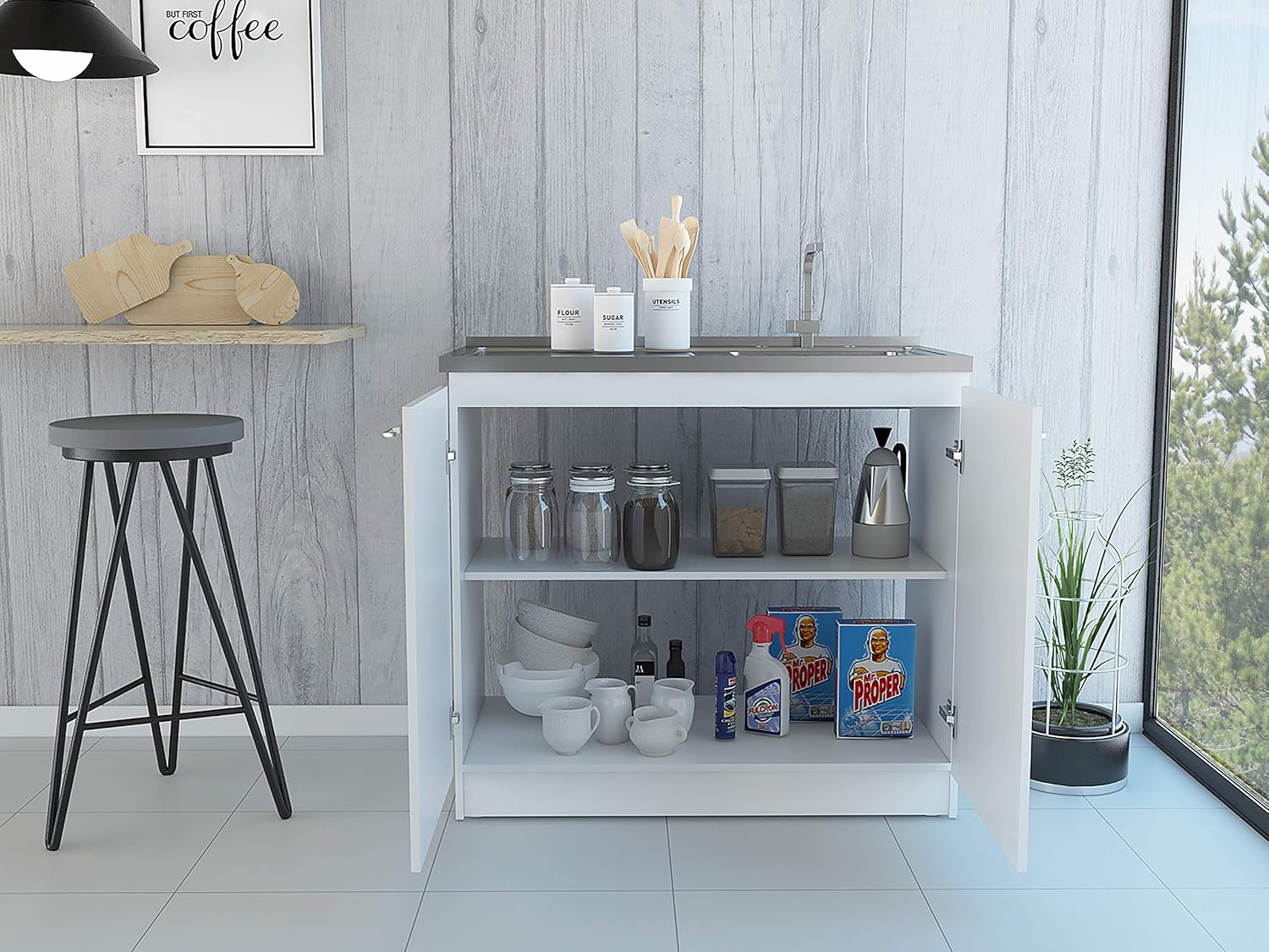 FM FURNITURE Oklahoma Utility Sink with Double Door Cabinet, 2 Inner Shelves, and Metal Handles, White