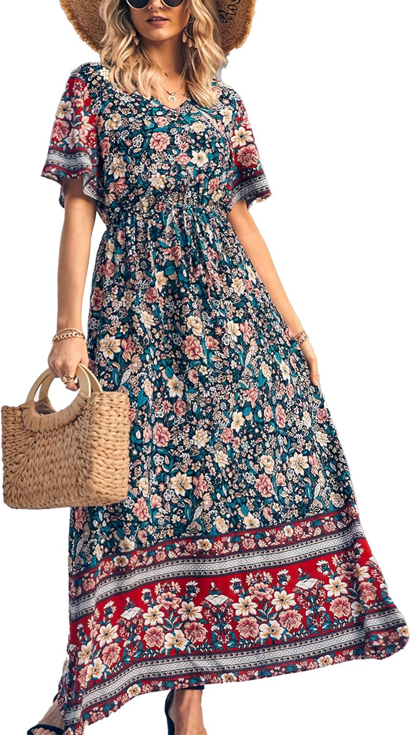 PRETTYGARDEN Women's Casual Summer Boho Floral Print Dress V Neck Short Sleeve High Waist Long Maxi Beach Dresses