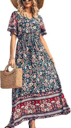 PRETTYGARDEN Womens Casual Summer Boho Floral Print Dress V Neck Short Sleeve High Waist Long Maxi Beach Dresses