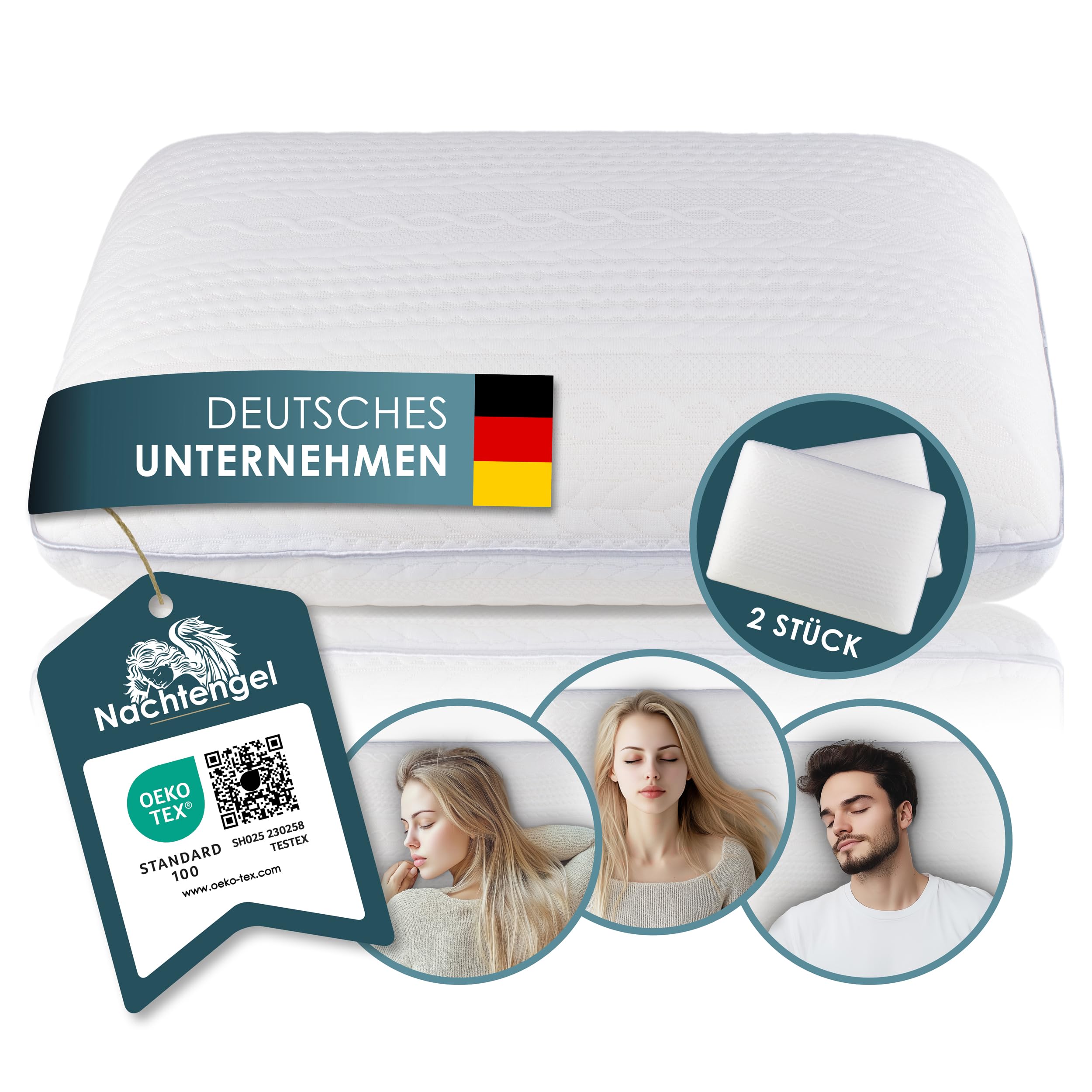 Nachtengel Schlafkissen - Orthopädisches Memory Foam Kopfkissen, Ergonomisch & gegen Nackenschmerzen, für alle Schlaftypen (Rücken-, Bauch- & Seitenschläferkissen) (2er Set, weiß, 14cm Höhe)