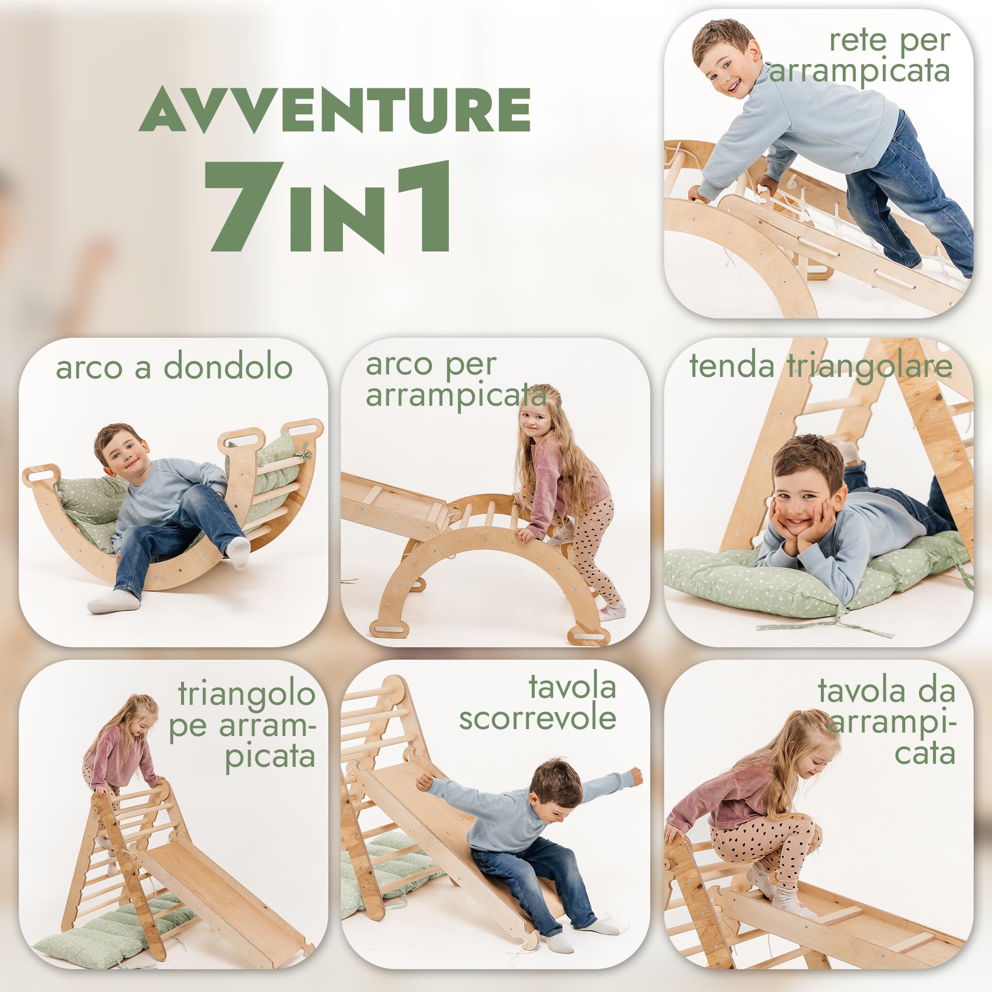 Telaio da arrampicata per interni 5 in 1 per bambini – scala triangolare, arco da arrampicata e rampa da arrampicata e rete, cuscino, montessori, per bambini dai 1 ai 5 anni (cuscino verde)