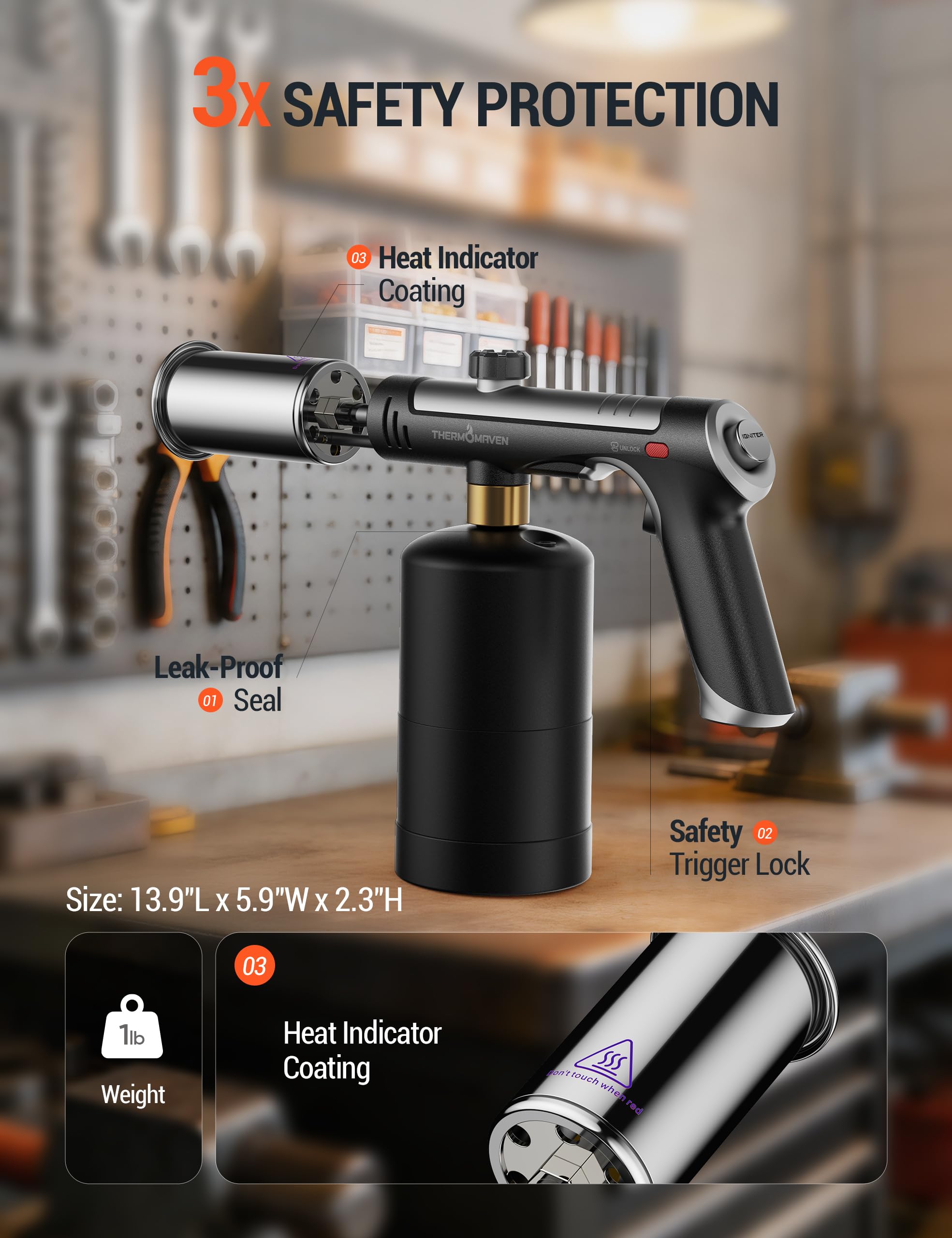 ThermoMaven Torche au propane avec feu One-Touch Max, pistolet de cuisson avec verrou de sécurité, briquet à charbon, lanceur de flamme, tête de torche de cuisine pour grill, sous vide, barbecue