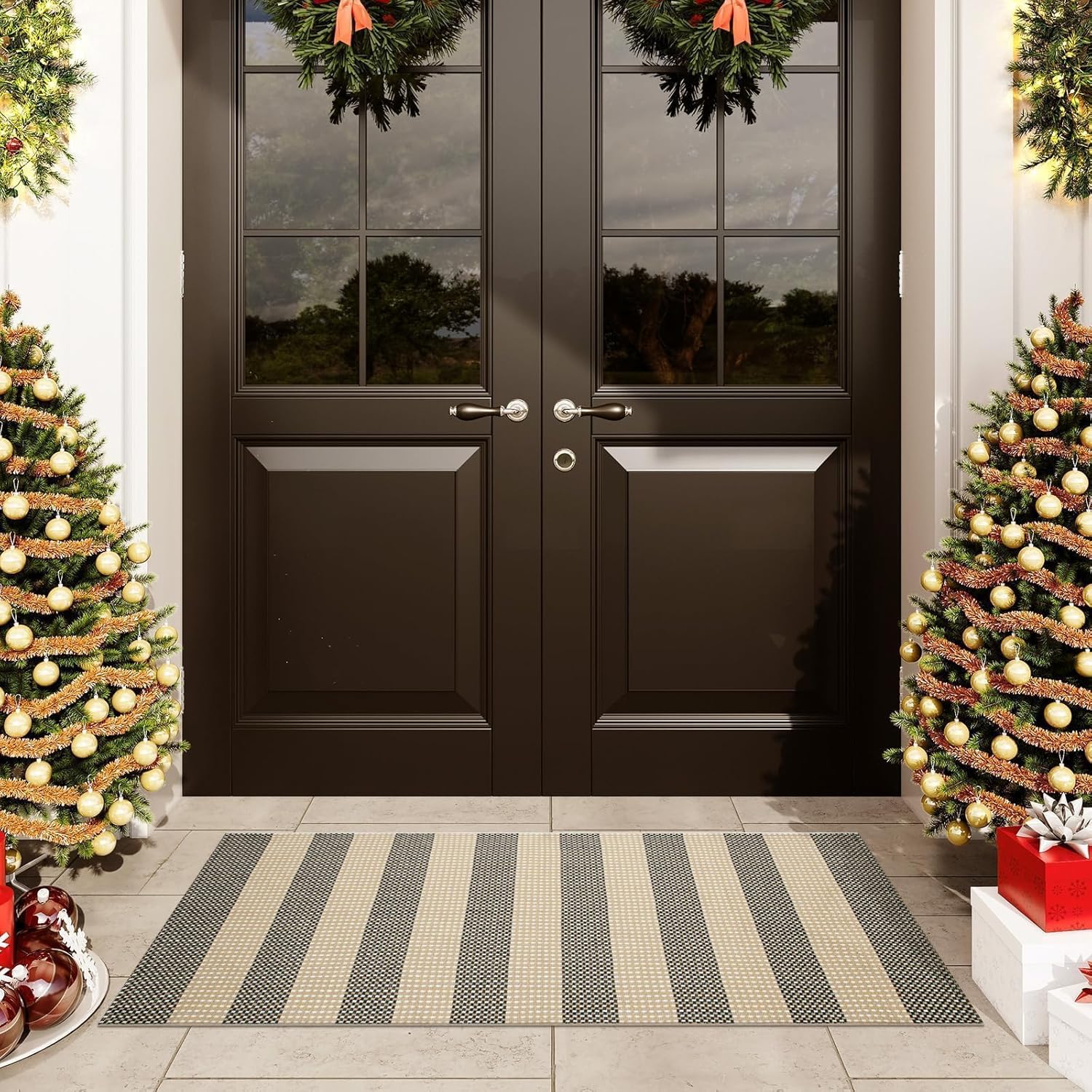 OJIA Front Door Rug 24"x51" Outdoor Doormat Washable Front Door Mat Indoor Entrance Tan Washable Porch Rug Woven Striped Outdoor Mat Entryway Rugs Small Area Rug for Kitchen Entry Bathroom