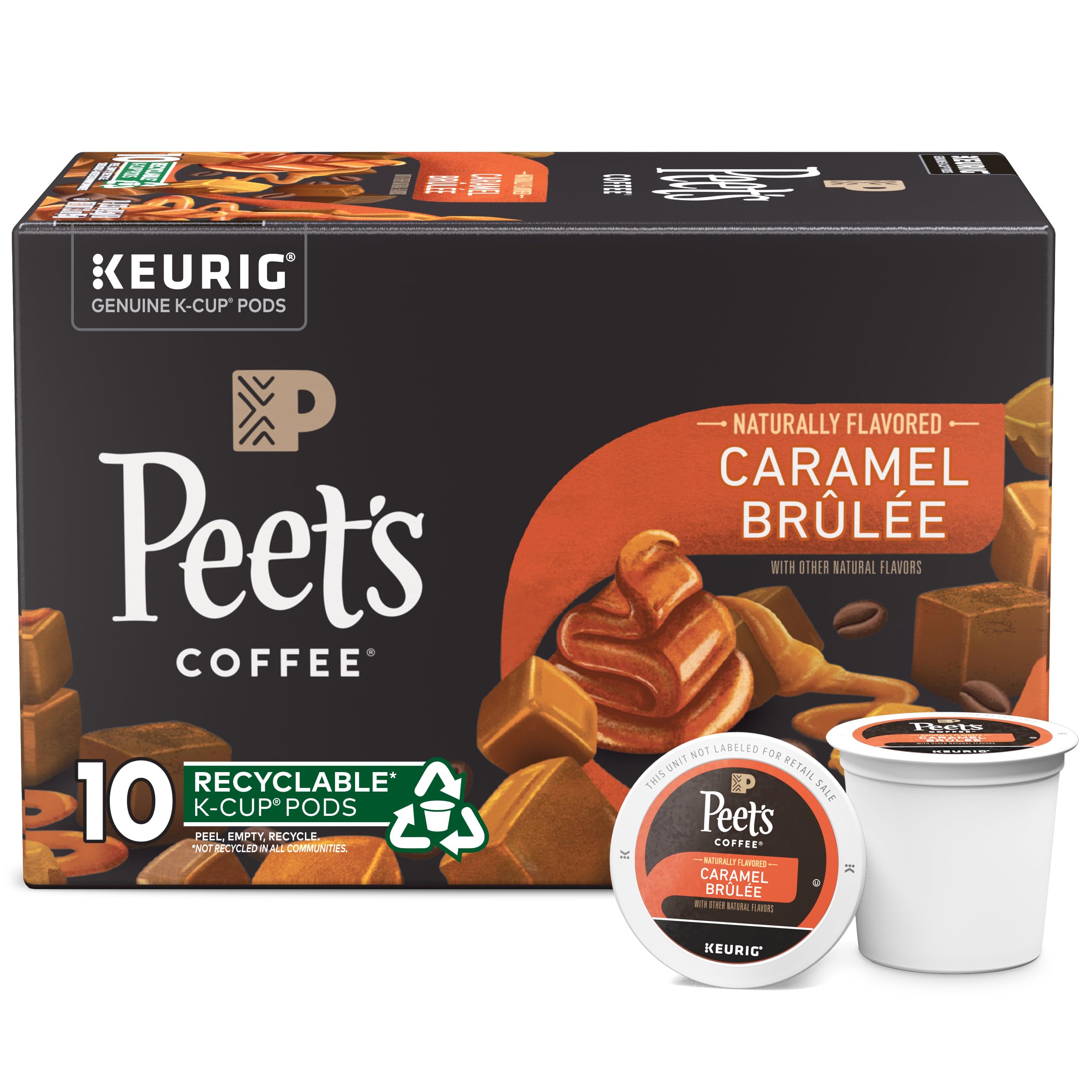 peet's coffee, flavored light roast keurig k-cup pods - caramel brûlée 10 count (1 box of 10 k-cup pods)