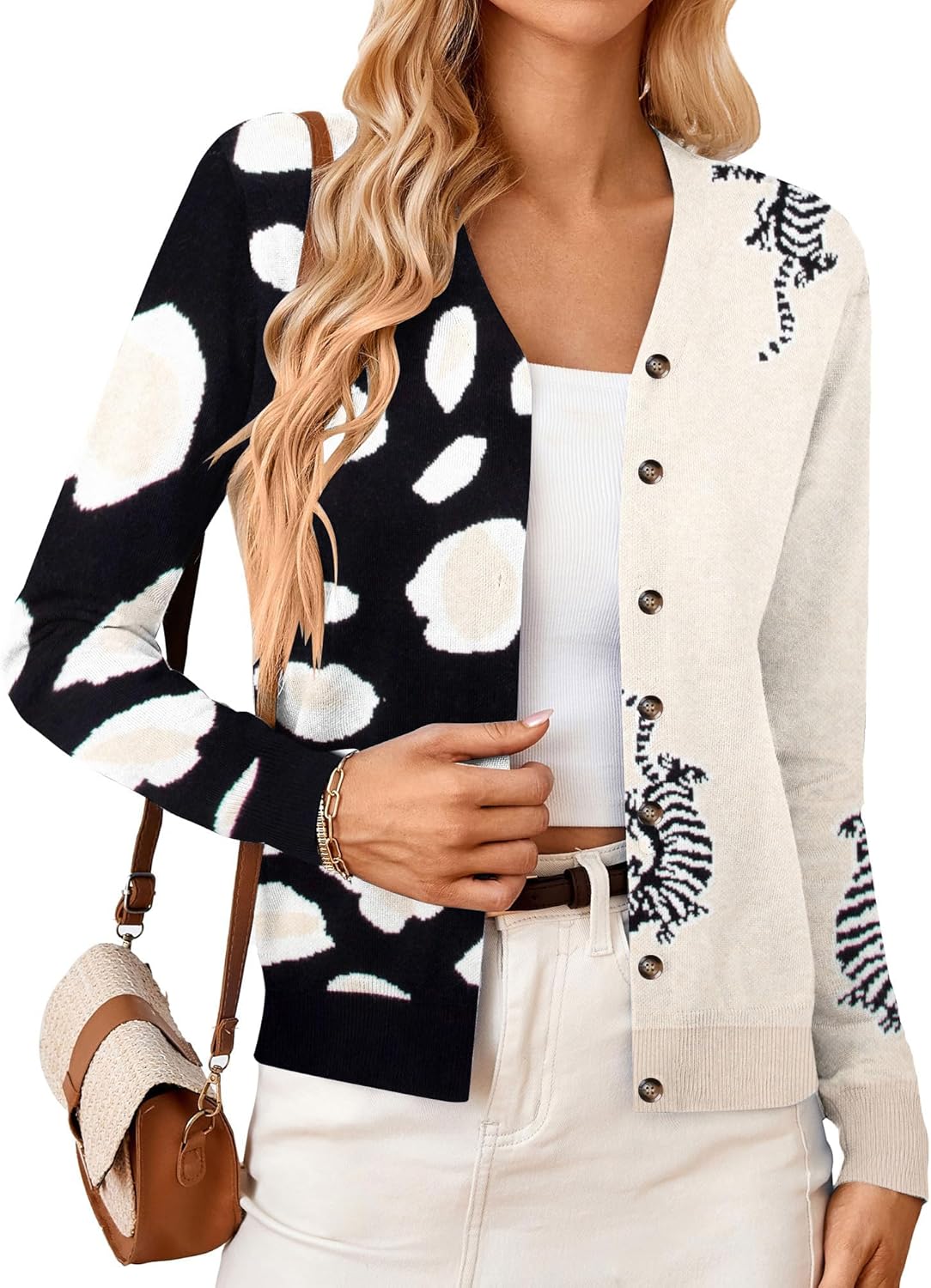 Leopard Tiger Print Cardigan Women: Color Block V Neck Sweater Long Sleeve Animal Print Outfits for Women - Image 2