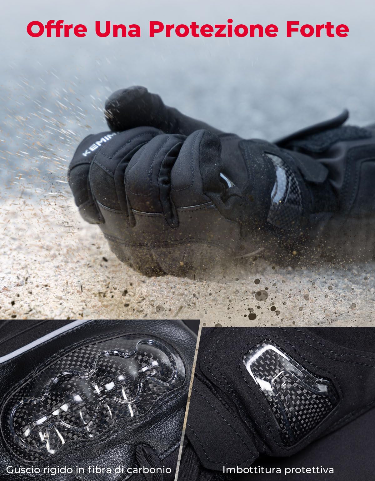 KEMIMOTO Guanti Moto Invernali, Guanti Moto Impermeabili e Antivento, Resistenti all'Usura con Guscio in Fibra di Carbonio, Guanti Termici Touchscreen per Motociclismo e Sci