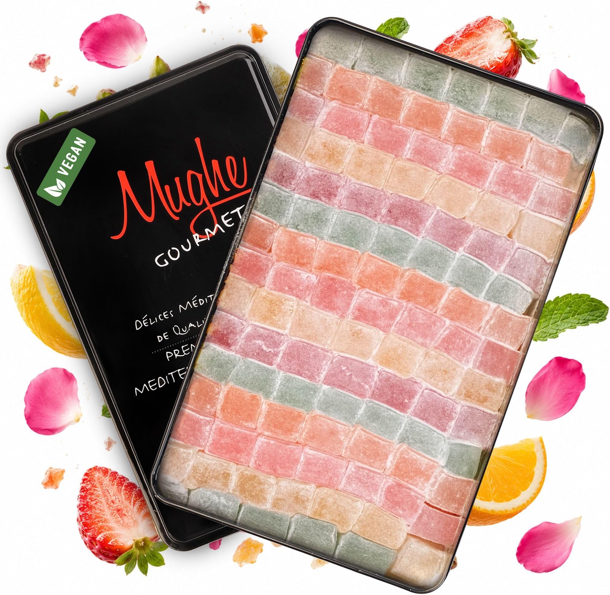 Turkish Delight Candy Elegant Tin Box - 1.65lb/750g - Halal, Vegan Lokum Fruit Flavors Rose, Strawberry, Lemon, Orange, Mint - Gift for Special Occasions, Father's Day, Birthdays