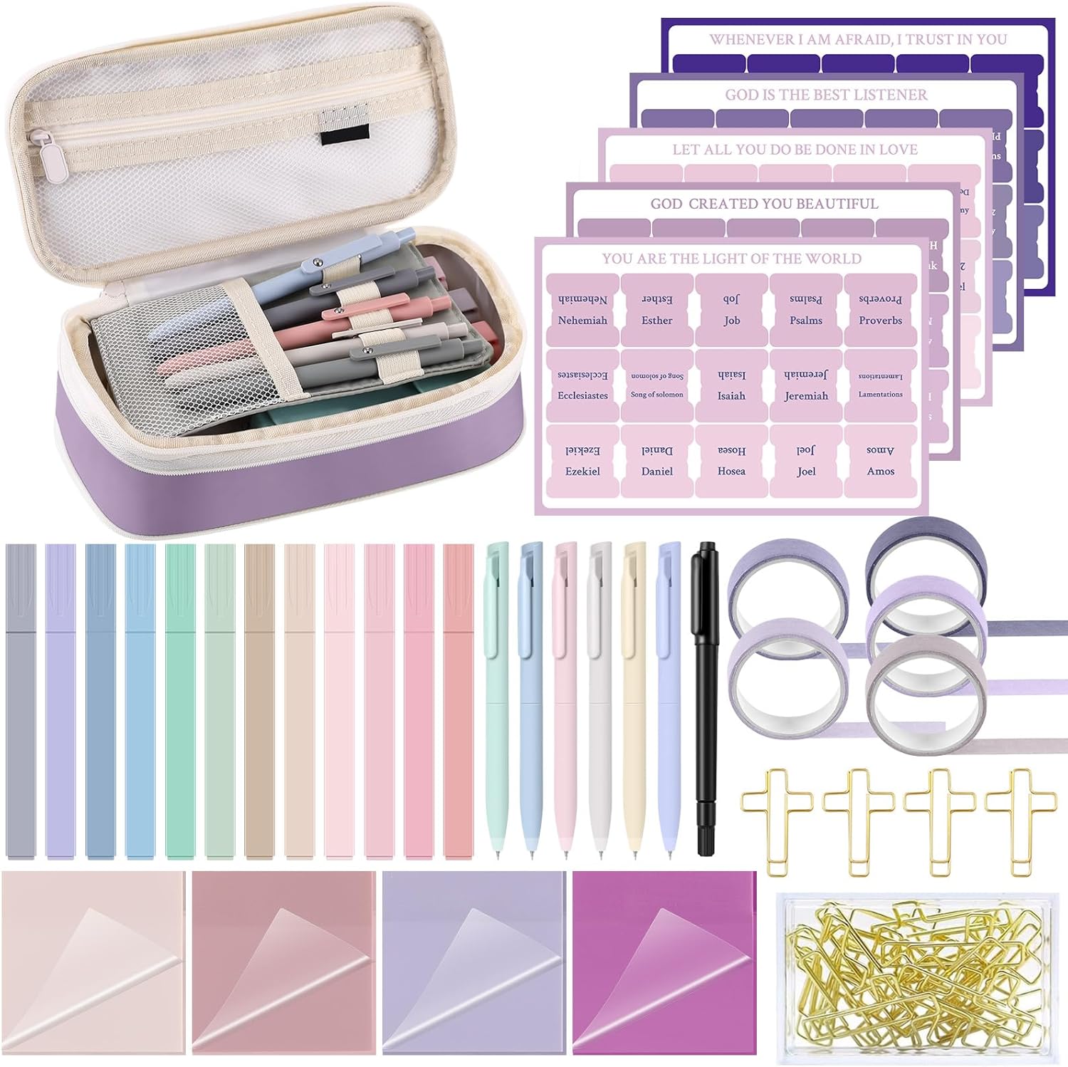 Dunzoom 137 Pcs Bible Study Supplies Journaling Kit 1 Pencil Case 12 Highlighters 4 Sticky Notes 6 Gel Pens 35 Paper Clips 3 Tapes 1 Markers 75 Tabs for Christmas Bible School Gifts(Pink Purple)
